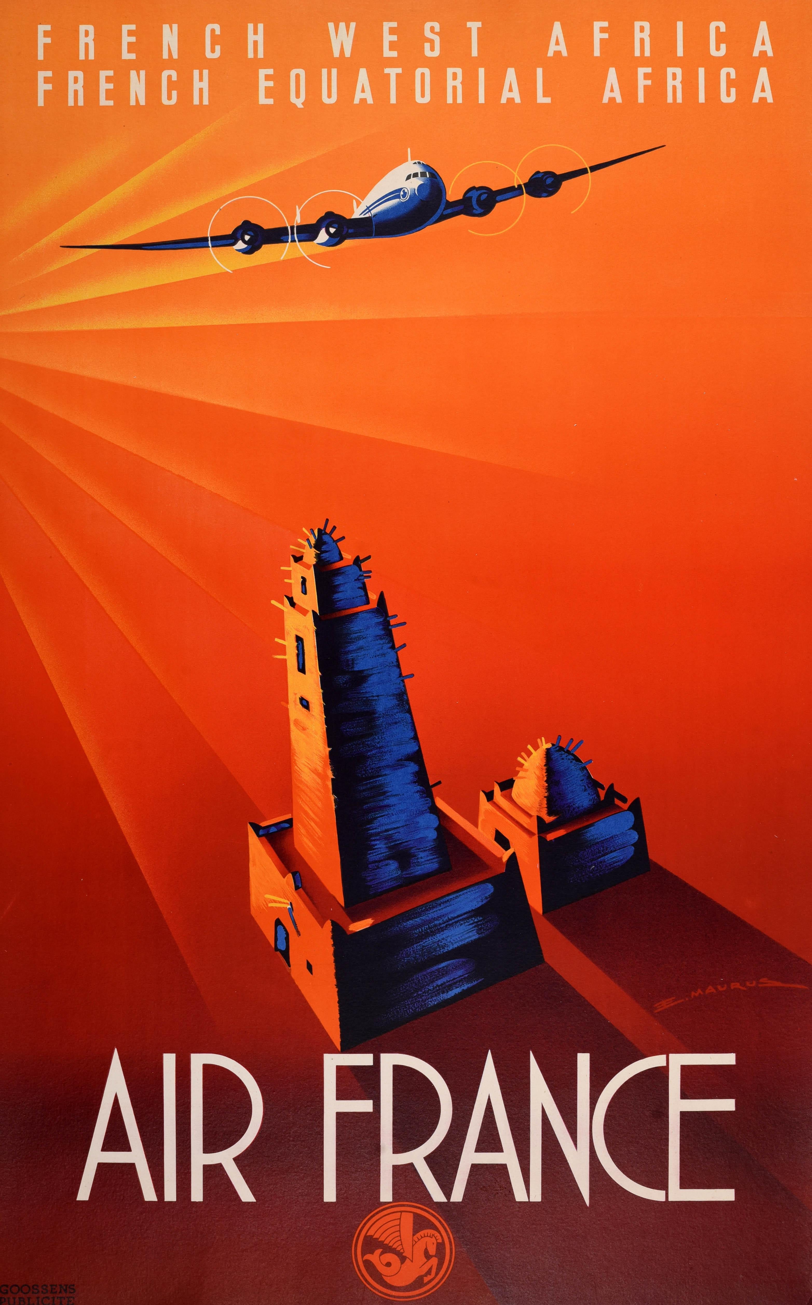 Cartel de viaje original de época para el África Occidental Francesa y el África Ecuatorial Francesa emitido por Air France con un impresionante diseño de Edmond Maurus (n. 1903) que representa un avión Constellation de hélice sobrevolando las