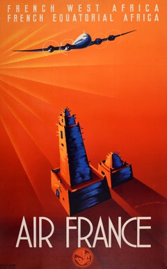 Poster di viaggio originale d'epoca Air France Africa Occidentale Equatoriale Timbuktu