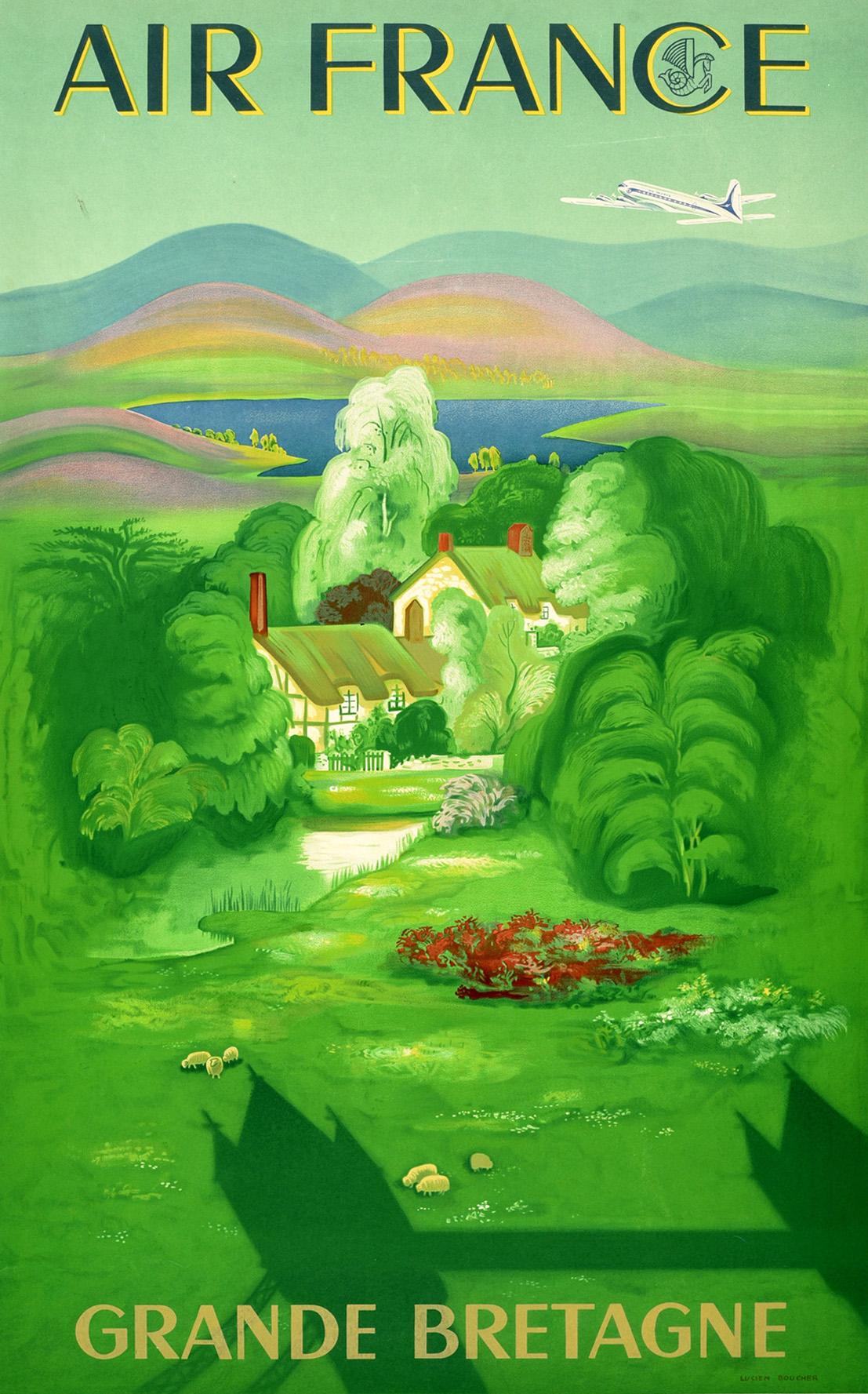 Cartel de viaje original de época para Air France Grande Bretagne / Gran Bretaña en el que aparece un avión de Air France sobrevolando una casa de campo enclavada entre los árboles junto a un lago en la campiña inglesa, con campos verdes donde