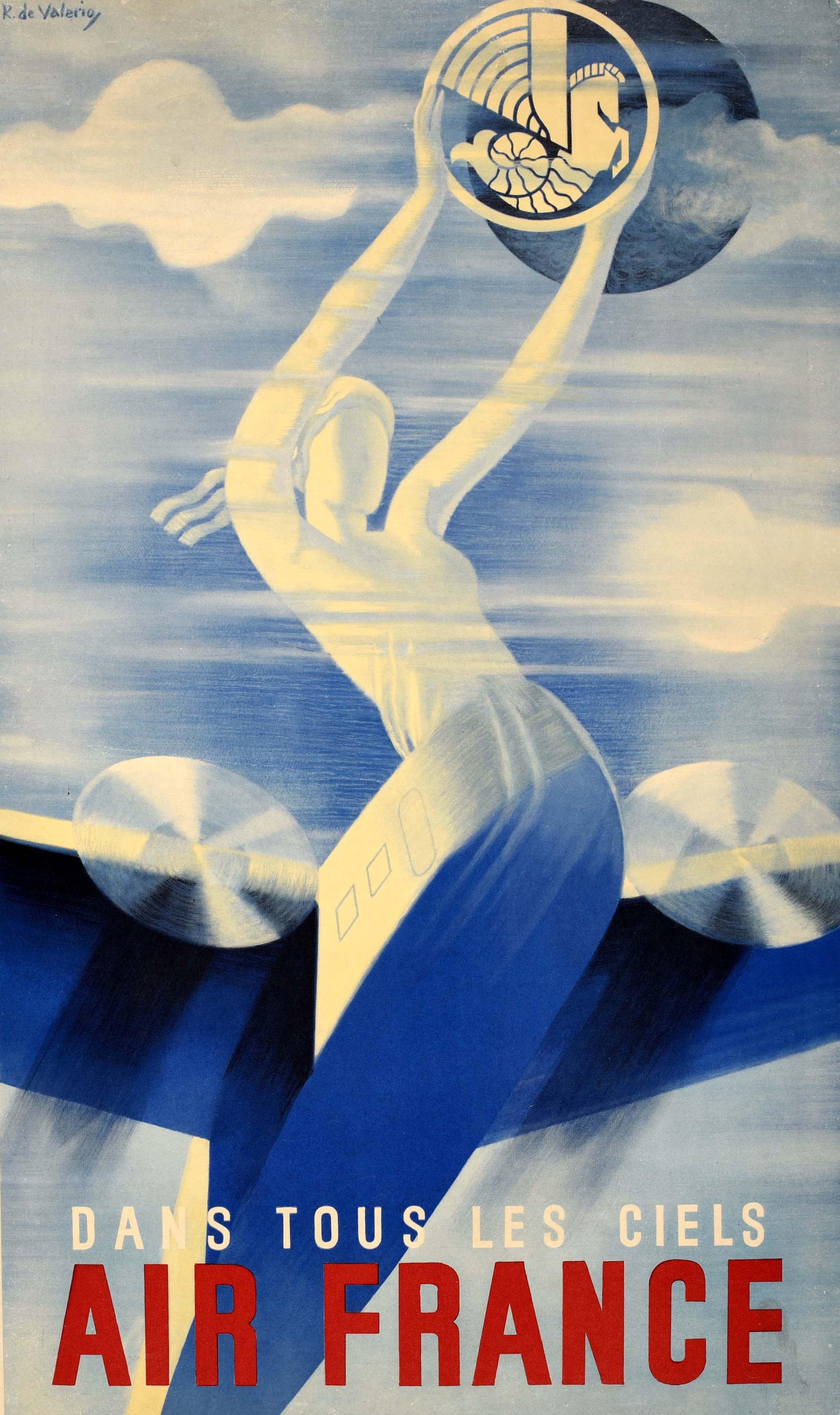 Original vintage travel poster - Dans Tous Les Ciels Air France / In All Skies - featuring a stunning Art Deco design by Roger de Valerio (1886-1951) depicting a propeller plane flying at speed with a lady at the front, like a ship's figurehead,