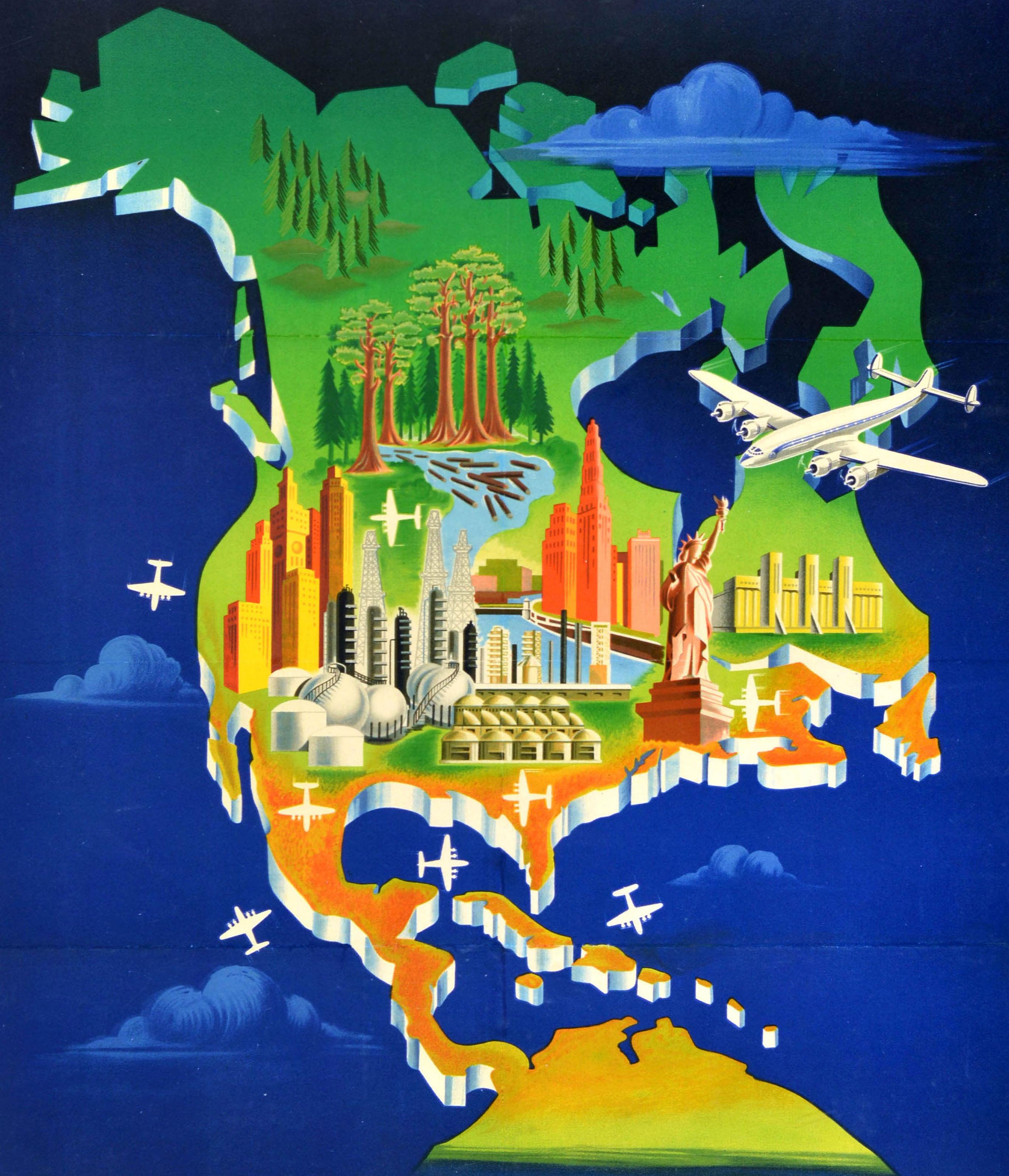 Affiche originale de voyage de compagnie aérienne - Air France vous Ouvre Toute L'Amerique du Nord / Opens up all of North America - représentant une carte aux couleurs vives avec des pins et des séquoias, des gratte-ciel à travers le pays, la