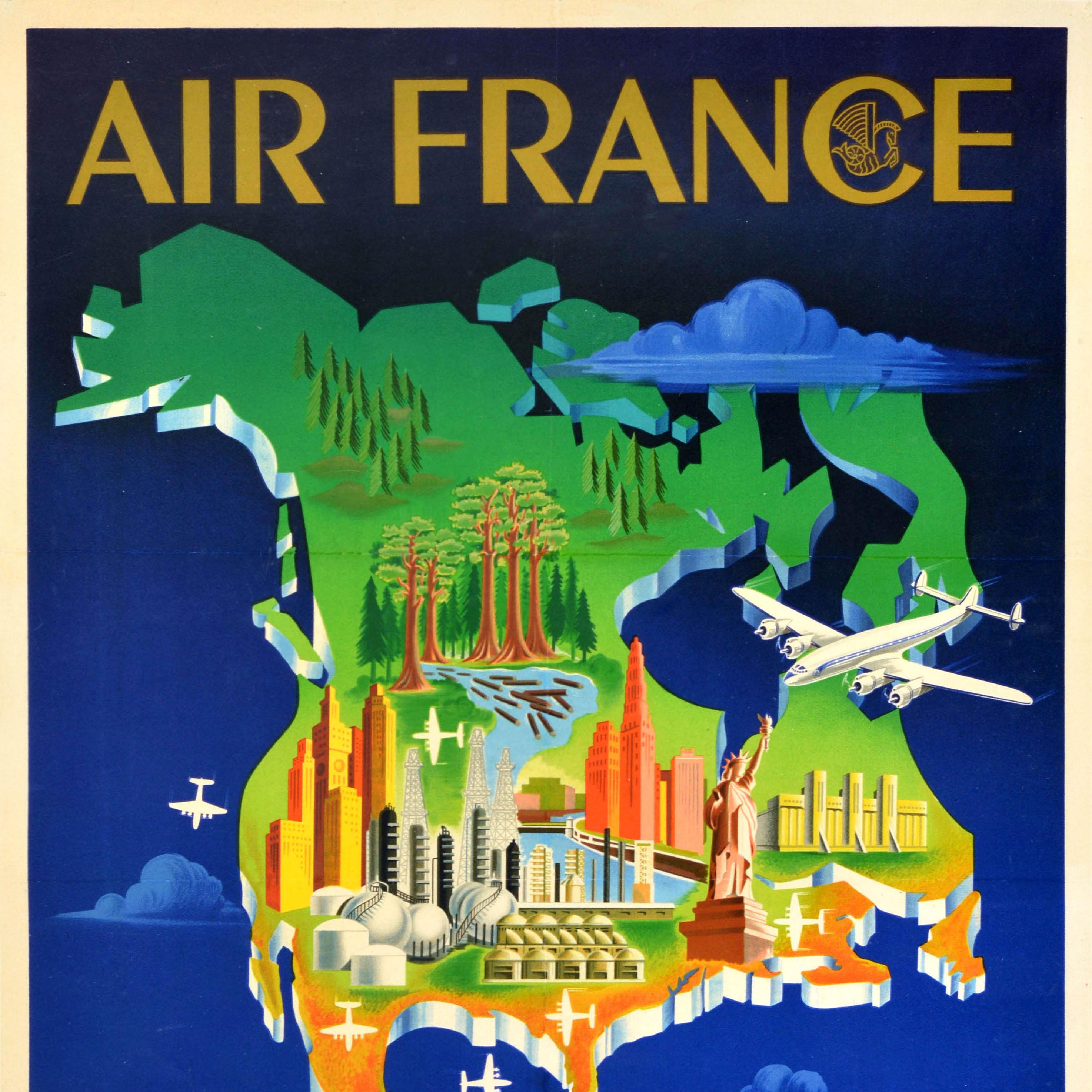Français Affiche de voyage originale d'Air France, Amérique du Nord, avec carte picturale en vente