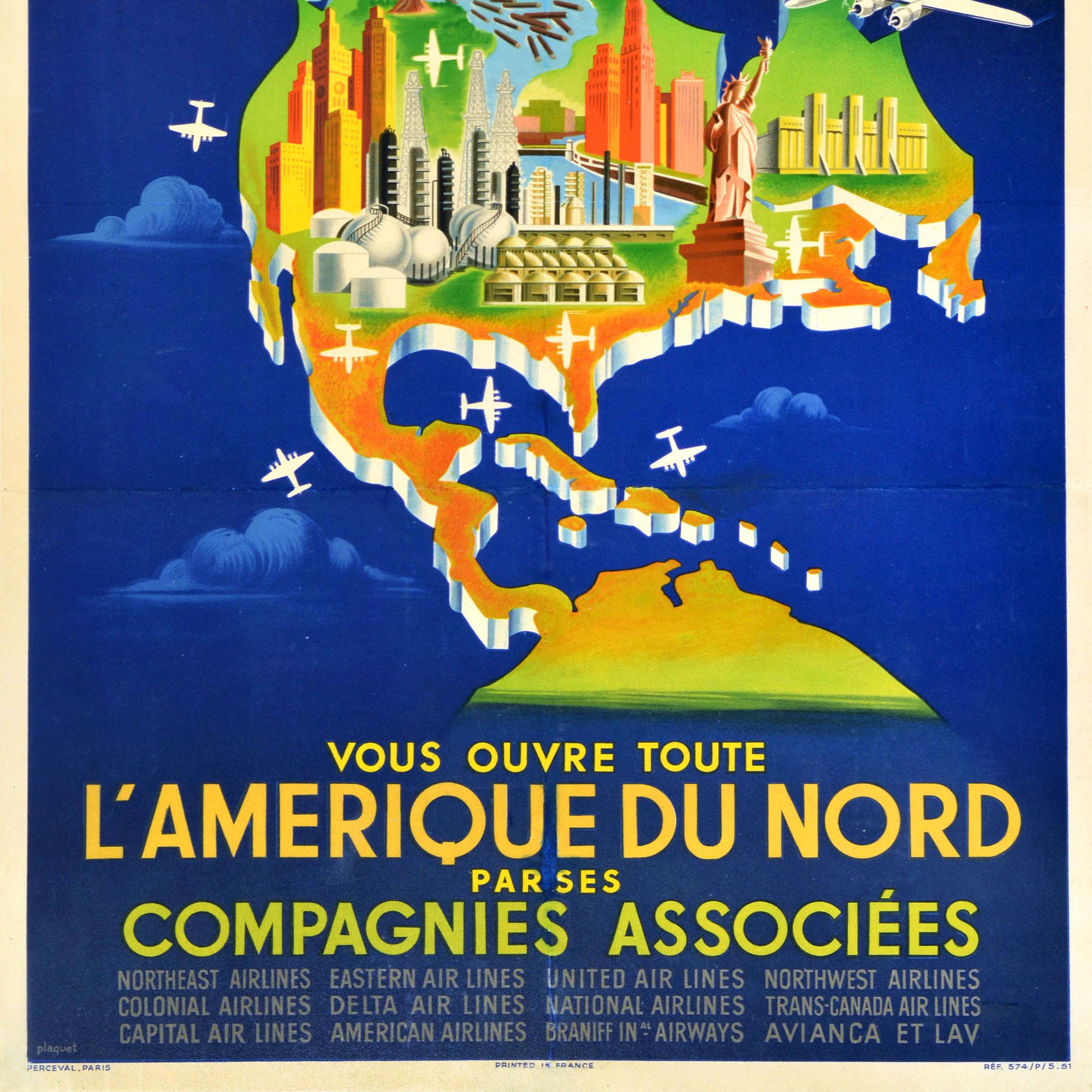 Affiche de voyage originale d'Air France, Amérique du Nord, avec carte picturale Bon état - En vente à London, GB