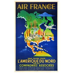 Original Vintage Travel Poster Air France North America Pictorial Map Plaquet