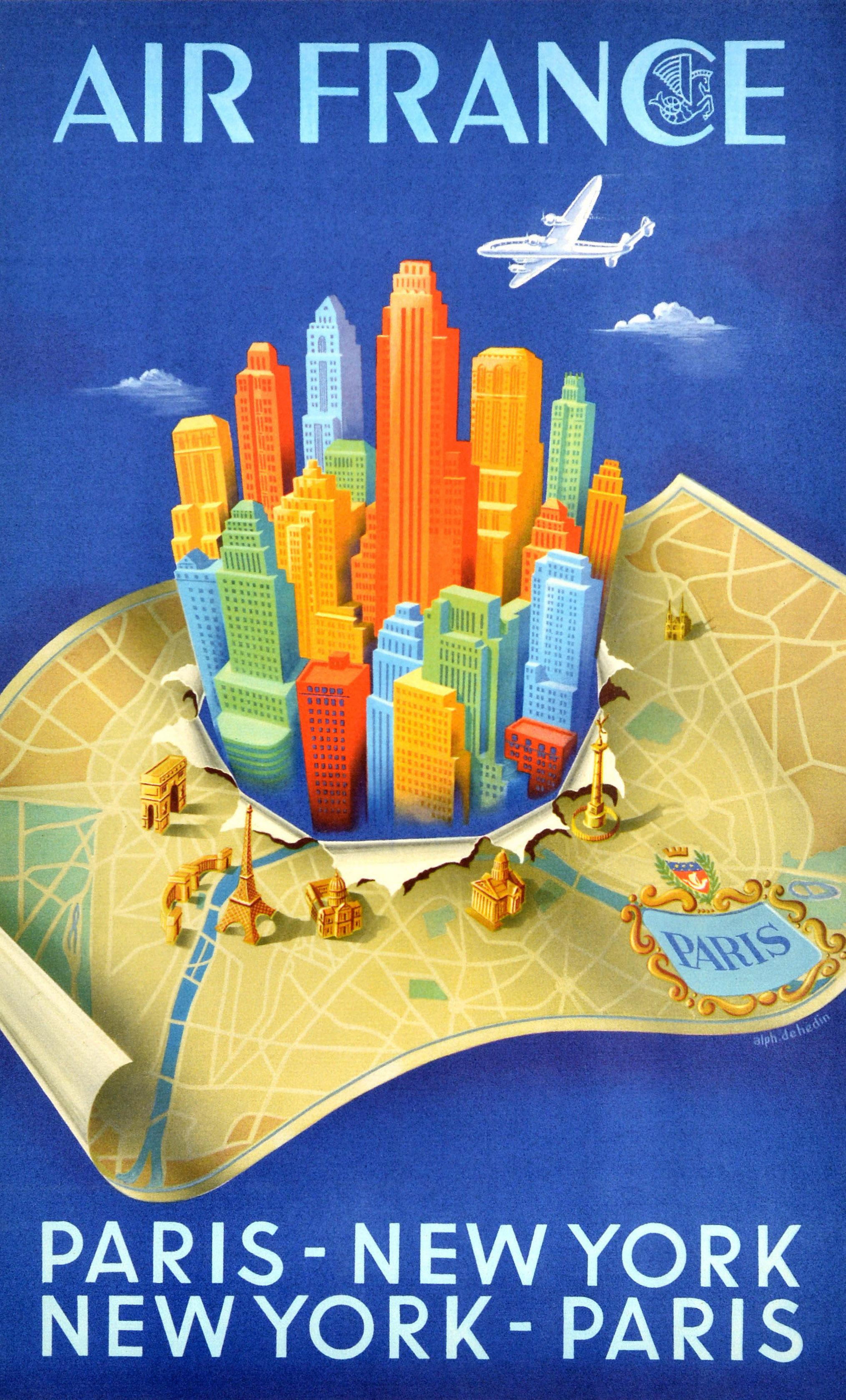 Original vintage travel advertising poster for Air France Paris - New York New York - Paris featuring a great illustration of a propeller plane flying over colourful skyscrapers in New York tearing through a map of Paris showing the River Seine with