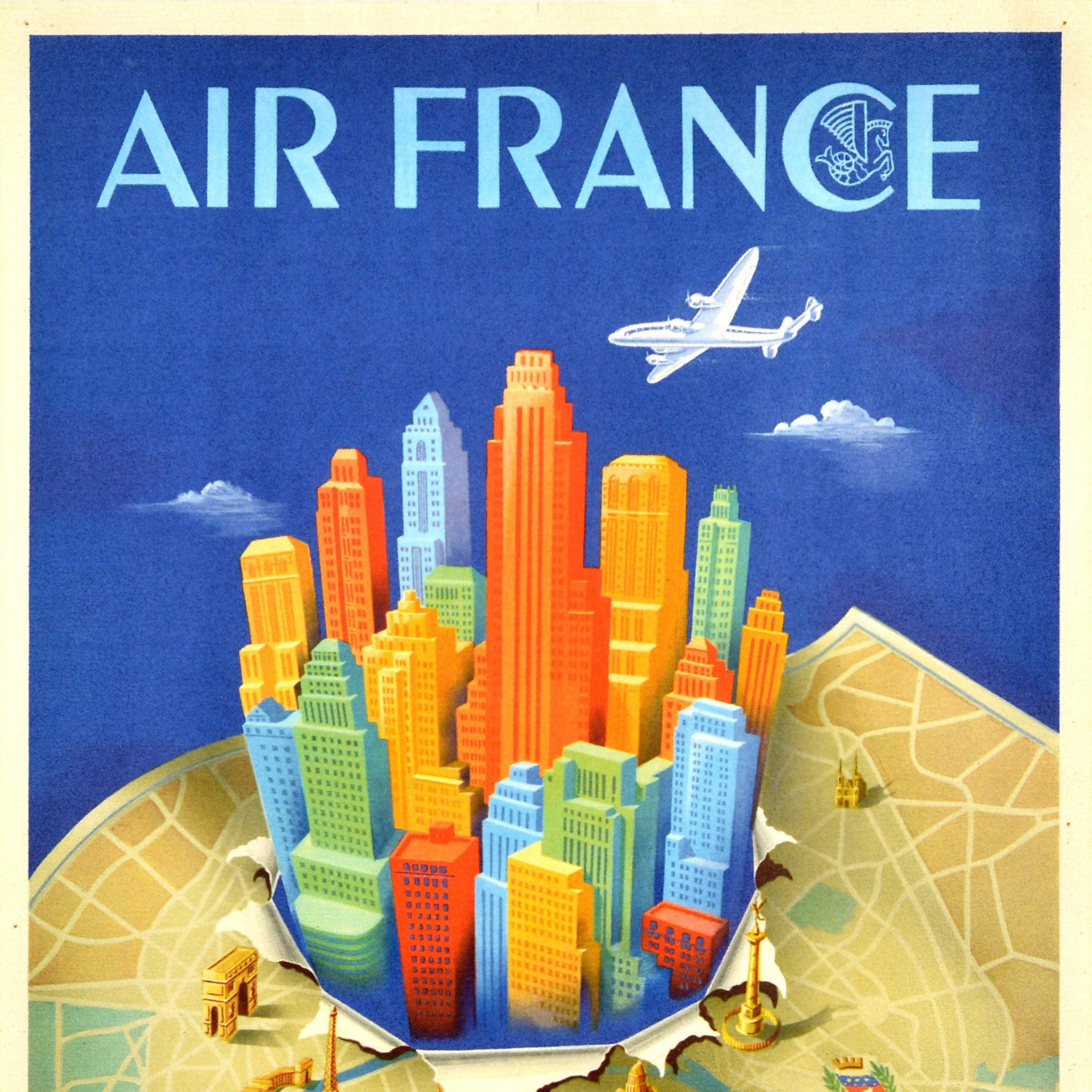 French Original Vintage Travel Poster Air France Paris New York Alphonse Dehedin Design