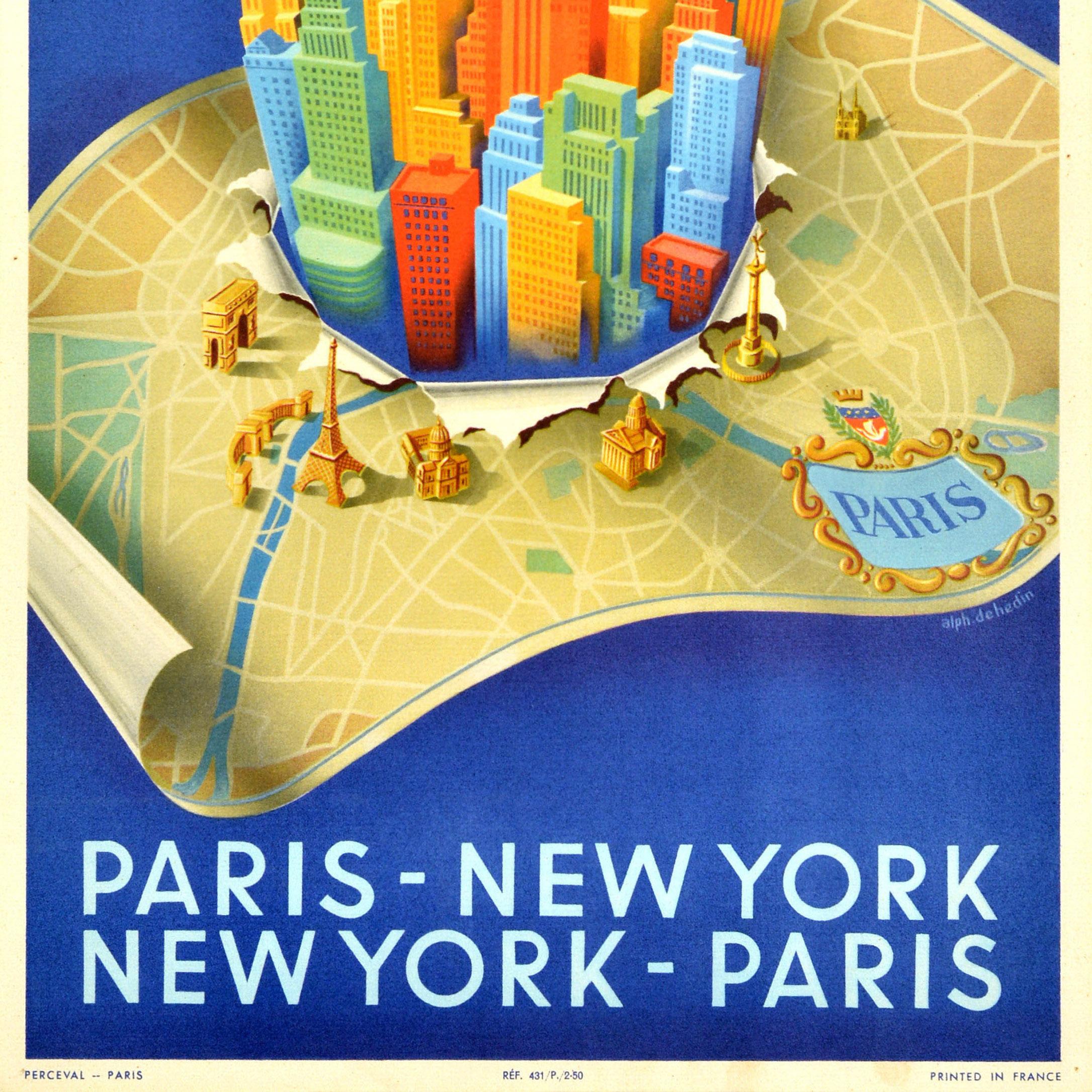 Original Vintage Travel Poster Air France Paris New York Alphonse Dehedin Design In Good Condition In London, GB