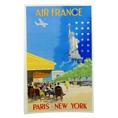 Affiche rtro originale de voyage, Air France Paris, New York, Guerra 1951