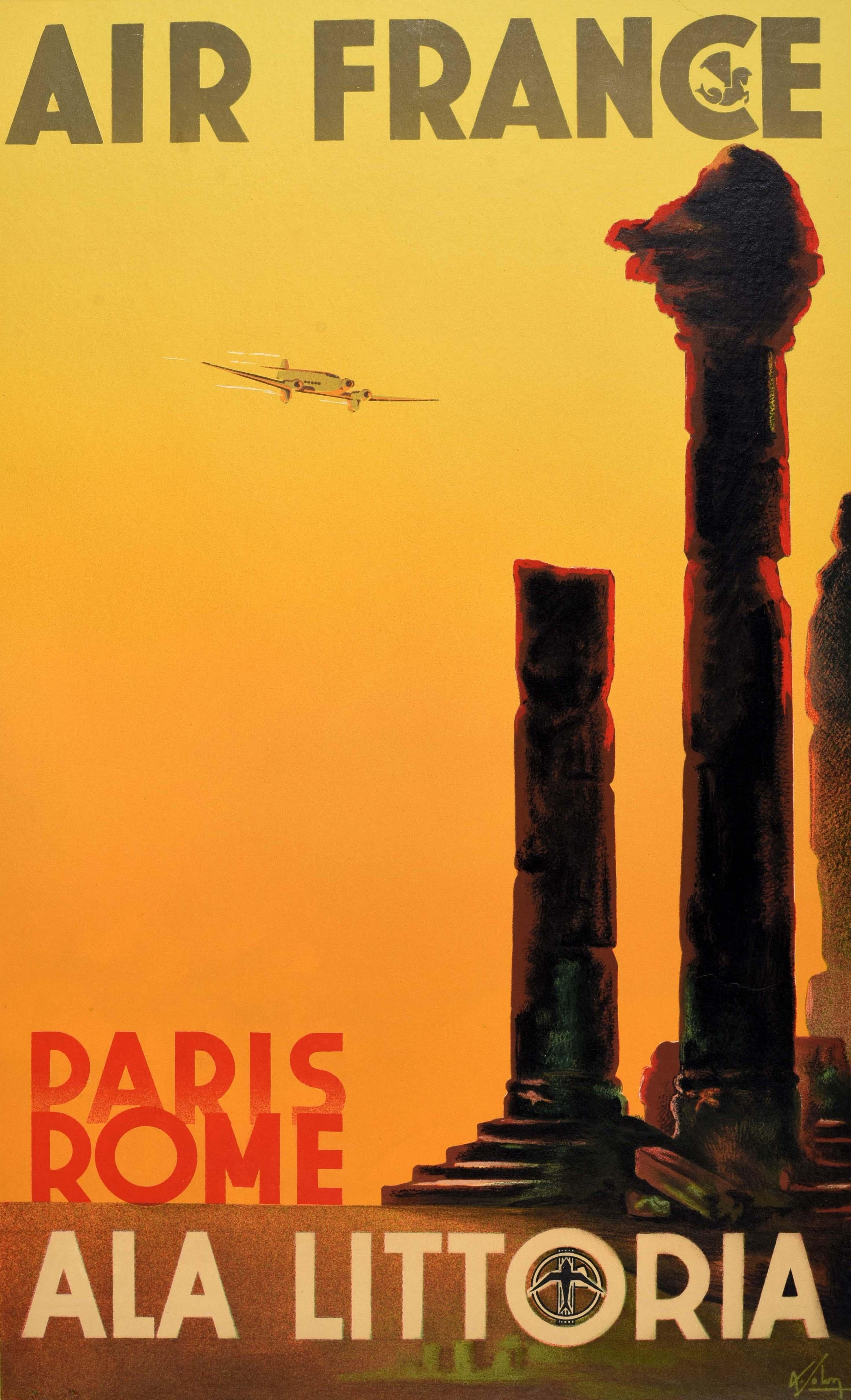 Original vintage travel poster for Air France Paris Rome Ala Littoria featuring a stunning design by Albert Solon (1897-1973) depicting ancient stone pillars standing tall against the orange shaded sky background, a plane flying at speed overhead