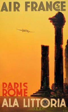 Poster di viaggio originale d'epoca Air France Parigi Roma Ala Littoria Albert Solon