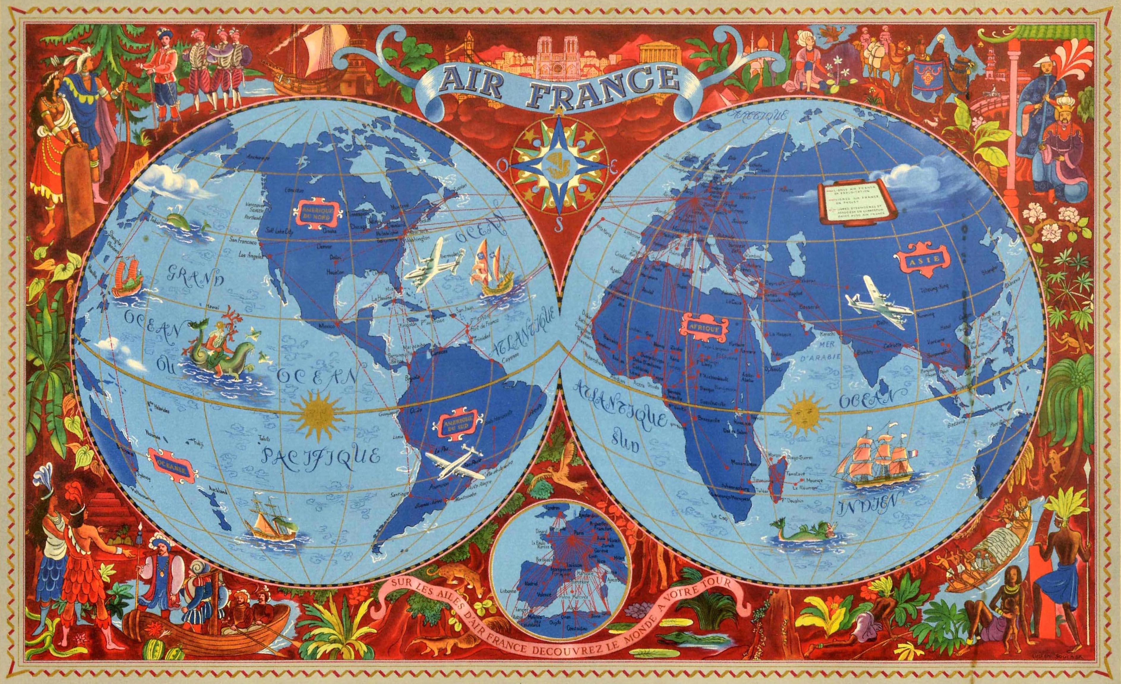 Affiche de voyage originale d'époque pour Air France présentant un superbe planisphère dessiné par l'artiste français Lucien Boucher (1889-1971). Représentation colorée du monde avec des avions, des voiliers et des créatures marines mythiques avec