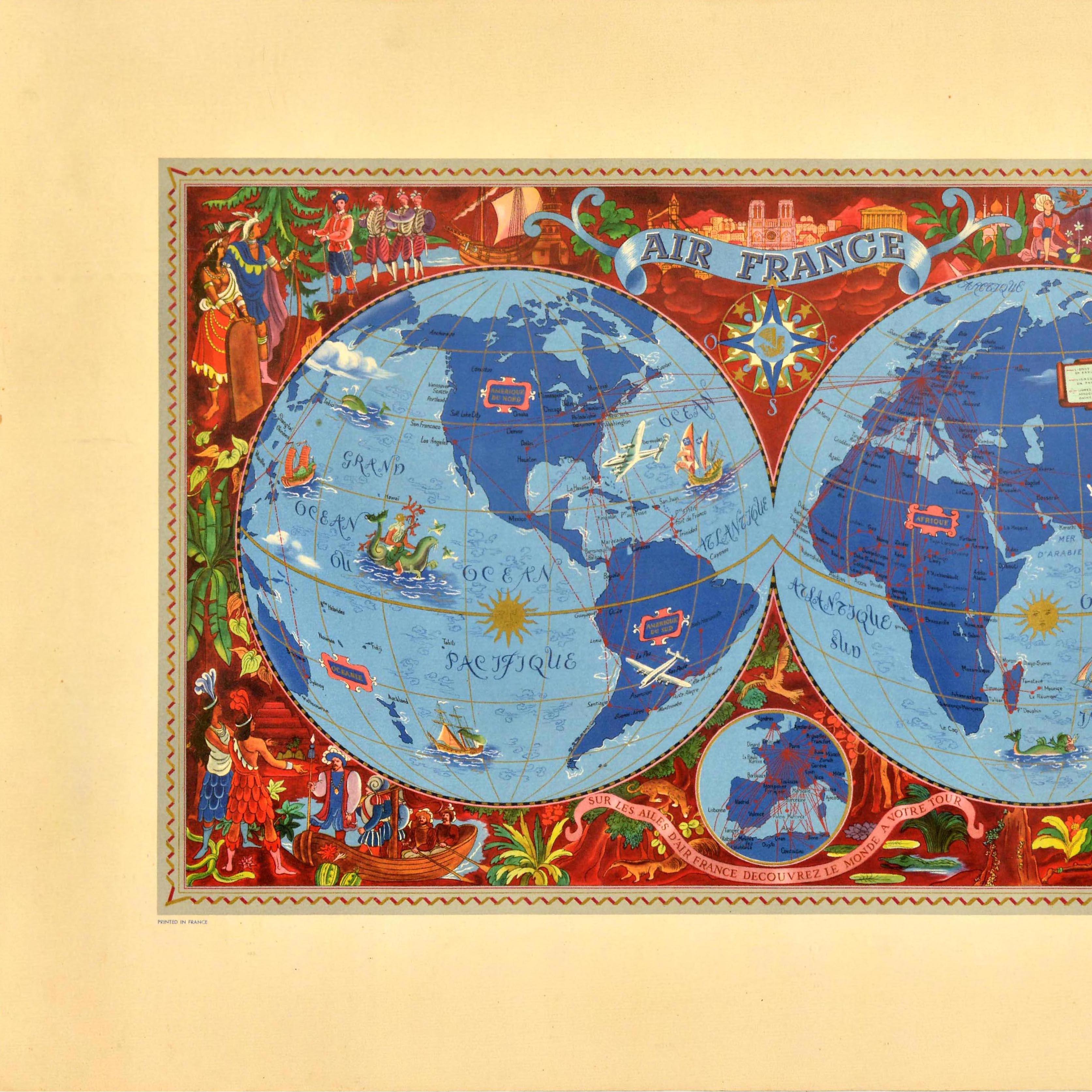 Français Affiche de voyage originale d'Air France Planisphere Illustrated Map Boucher en vente