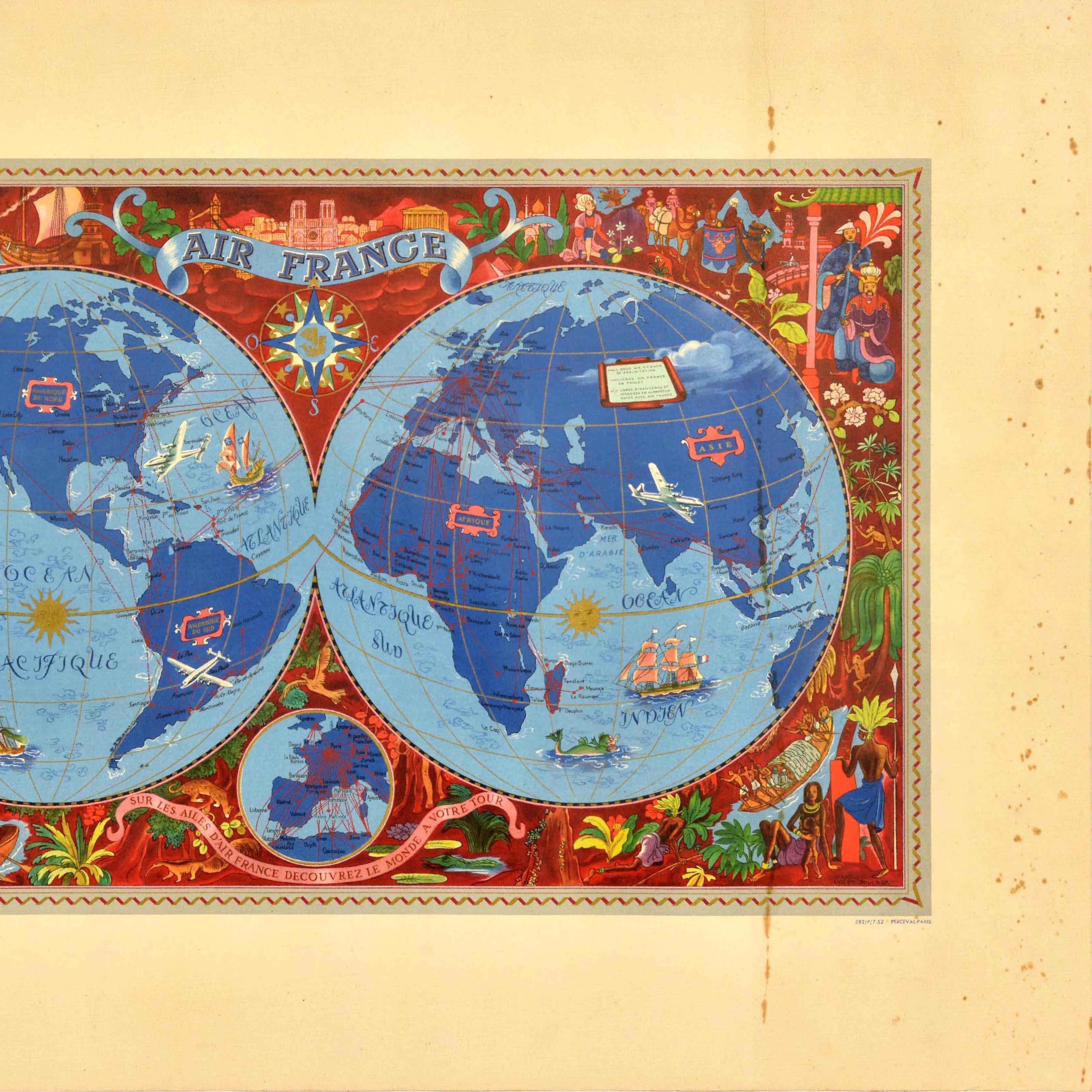 Affiche de voyage originale d'Air France Planisphere Illustrated Map Boucher Bon état - En vente à London, GB