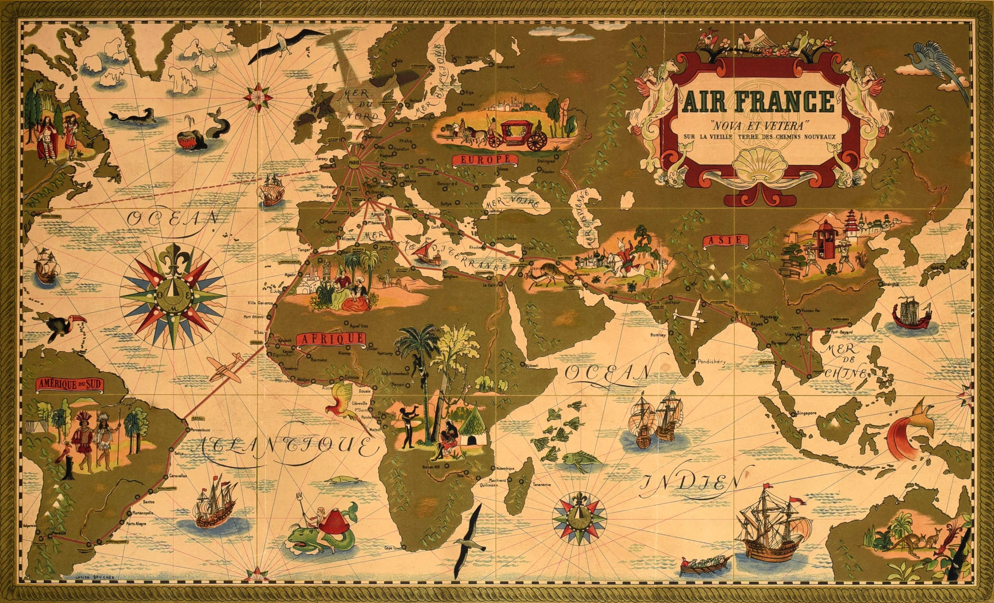 Poster originale d'epoca con mappa del planisfero che promuove Air France - New &New - On the Old Land with the New Paths / Nova et Vetera - Sur La Vieille Terre des Chemin Nouveaux - Disegno di Lucien Boucher (1889-1971) che mostra le rotte aeree