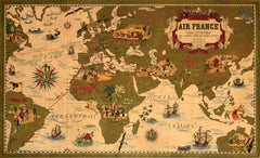Original Vintage Travel Poster Air France Planisphere New And Old Lucien Boucher