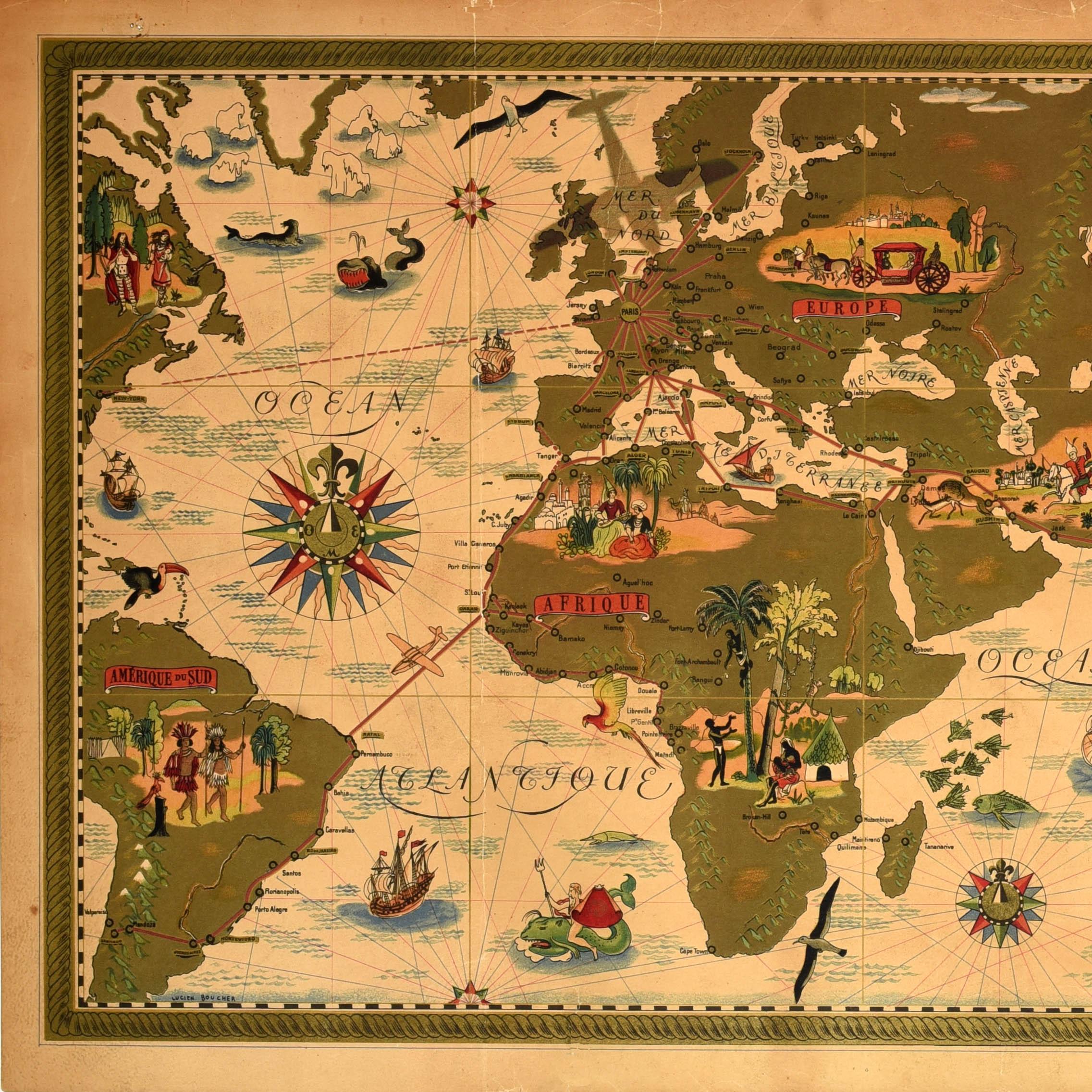 Francese Poster di viaggio originale d'epoca Air France Planisphere New &New Lucien Boucher in vendita