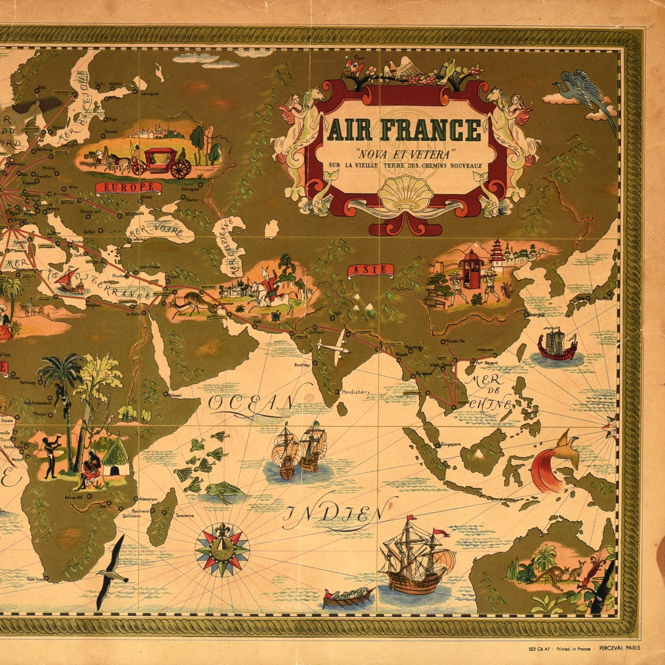 Poster di viaggio originale d'epoca Air France Planisphere New &New Lucien Boucher In condizioni buone in vendita a London, GB