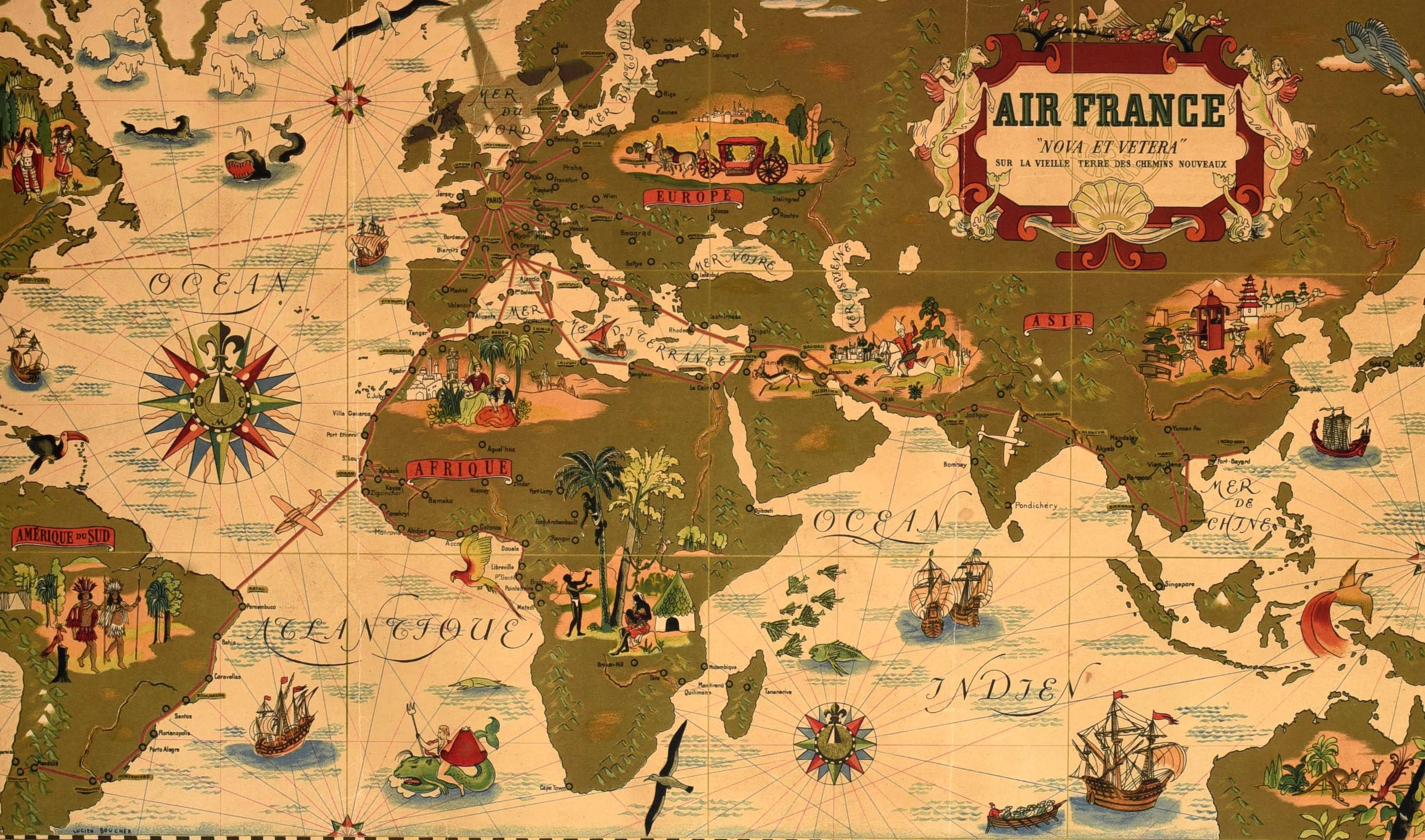 Metà XX secolo Poster di viaggio originale d'epoca Air France Planisphere New &New Lucien Boucher in vendita