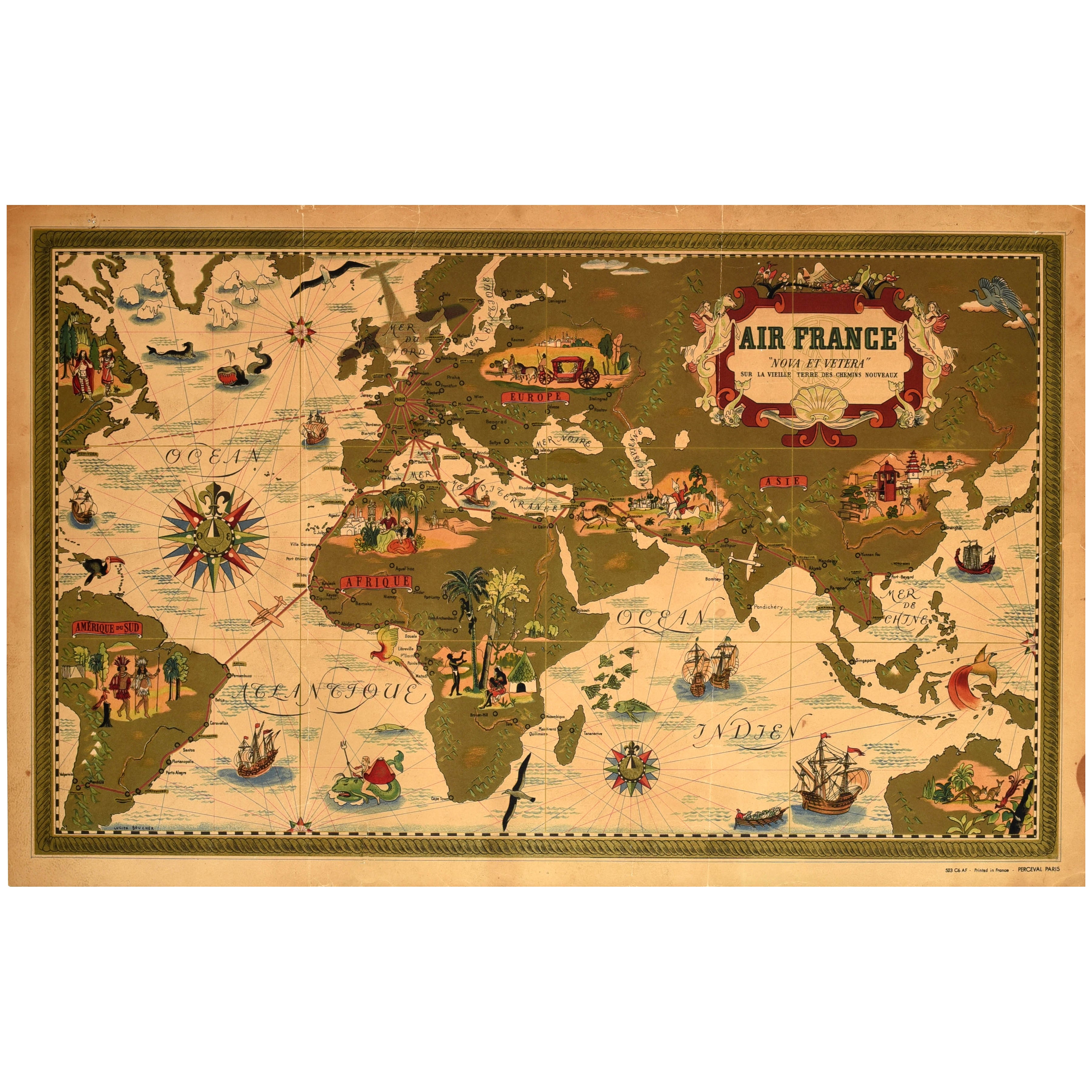 Affiche de voyage originale d'Air France Planisphere New And Old Lucien Boucher