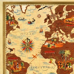 Póster de viaje original de época Air France Planisferio Mapa del mundo Lucien Boucher