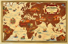 Póster de viaje original de época Air France Planisferio Mapa del mundo Lucien Boucher