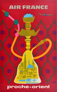 Original Vintage Travel Poster Air France Proche Orient Near East Eric Hookah