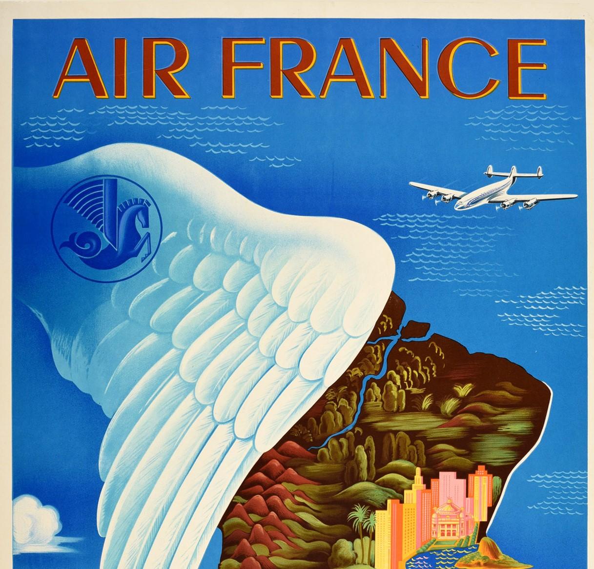 Original vintage travel poster advertising flights to South America / America Del Sur by Air France featuring a colorful stylized design by Lucien Boucher (1889-1971) depicting historic buildings and city skyscrapers, jungle forests, palm trees,