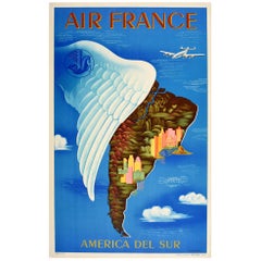 Original Vintage Travel Poster Air France South America Del Sur Map Wing Design