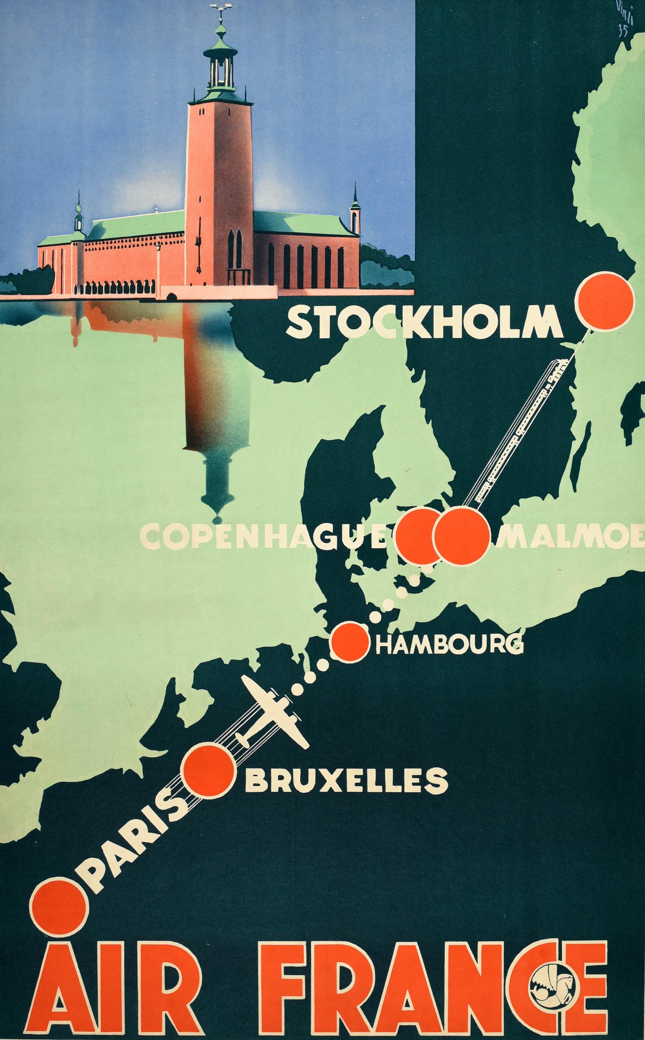 Affiche de voyage originale d'Air France pour la promotion de son itinéraire en Scandinavie de Paris à Stockholm par avion et par train via Bruxelles, Hambourg, Copenhague et Malmö. Le dessin Art Deco montre les villes sur une carte de la partie