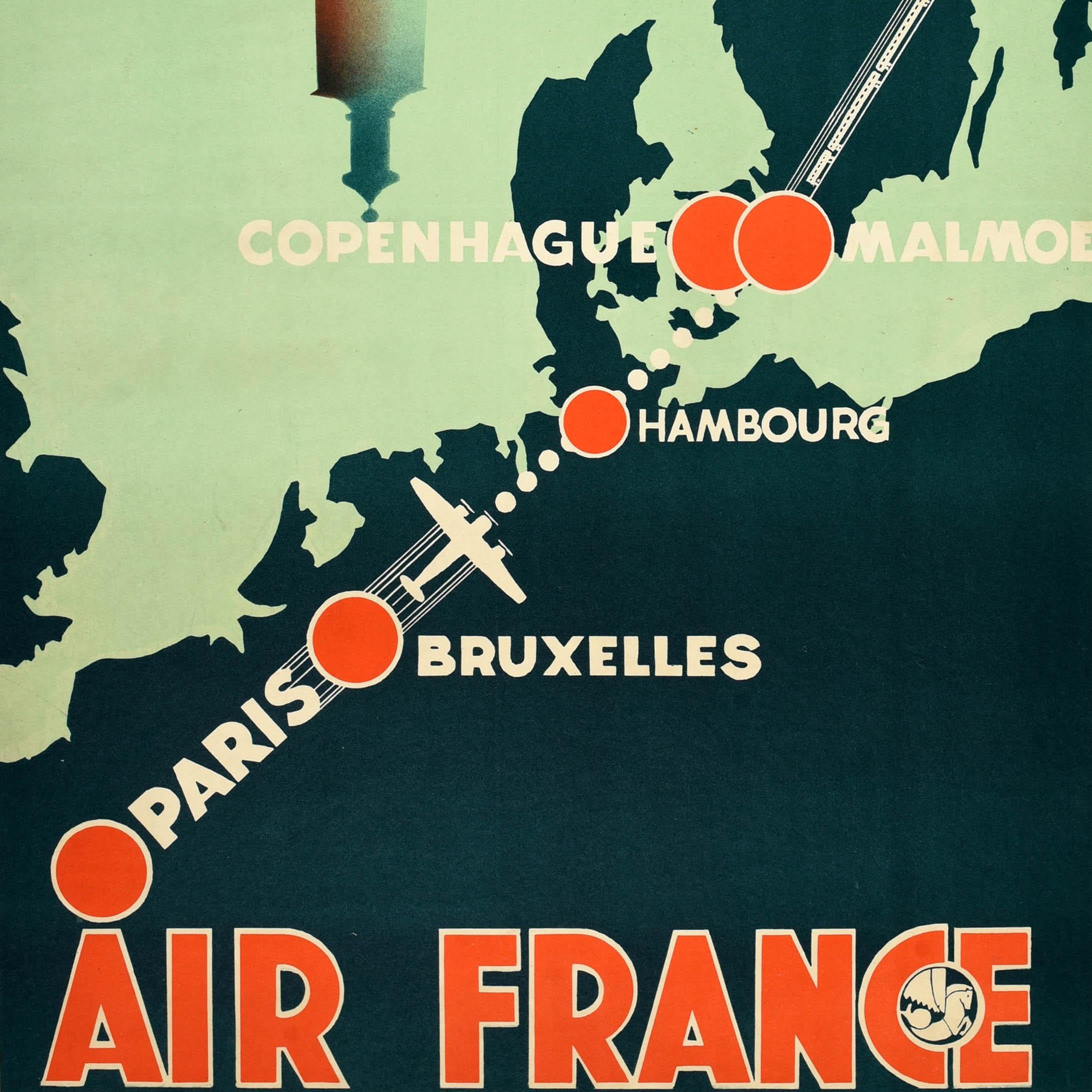 French Original Vintage Travel Poster Air France Stockholm Paris Art Deco Scandinavia For Sale