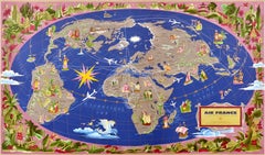 Original Vintage Travel Poster Air France World Map Planisphere Boucher Pink