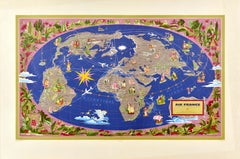 Original Vintage Travel Poster Air France World Map Planisphere Boucher Pink