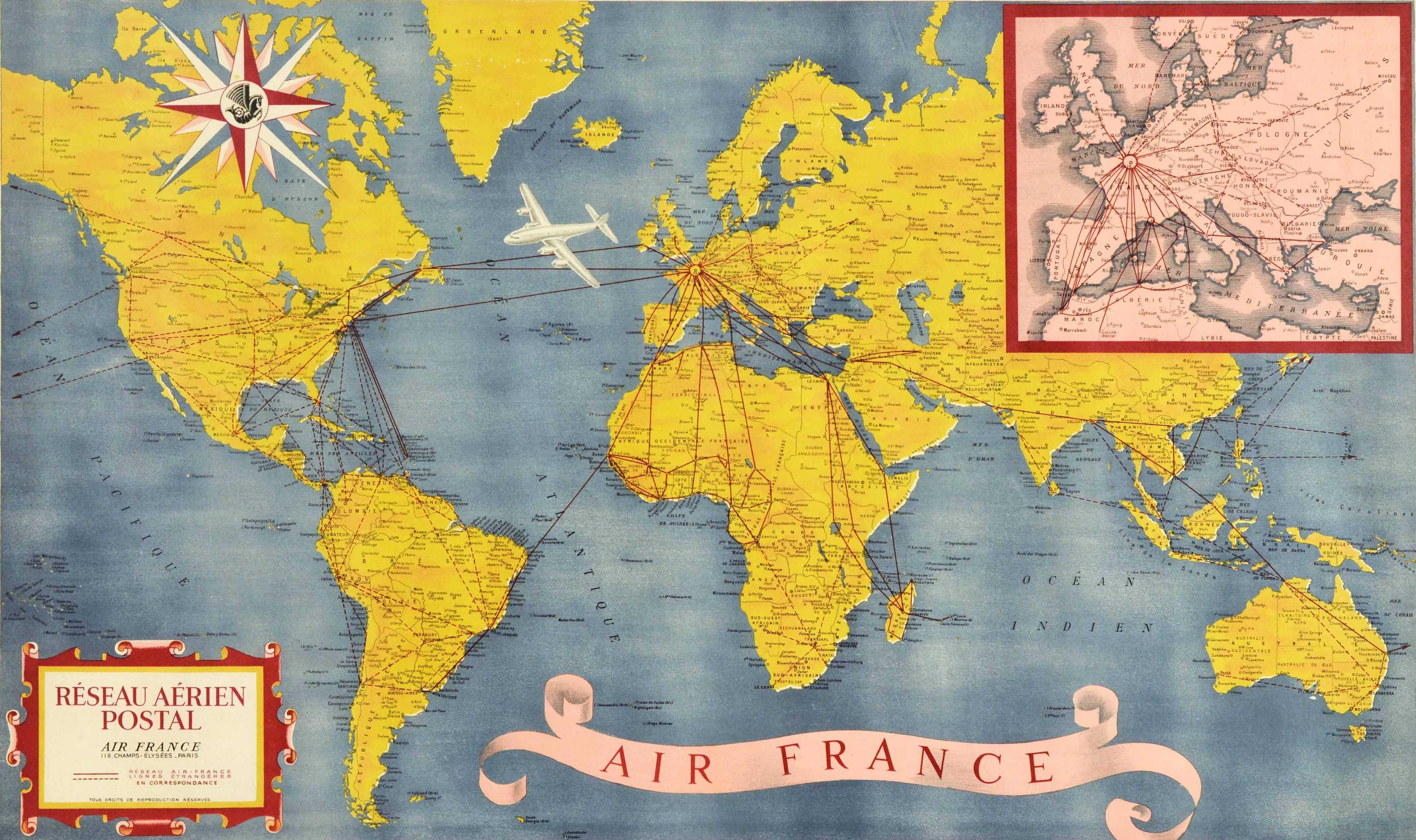 Original vintage Air France map poster - Air France Reseau Aerian Postal / Air France Postal Network - featuring a colourful planisphere design showing the airline routes around the world marking the continents, countries, cities and oceans with a
