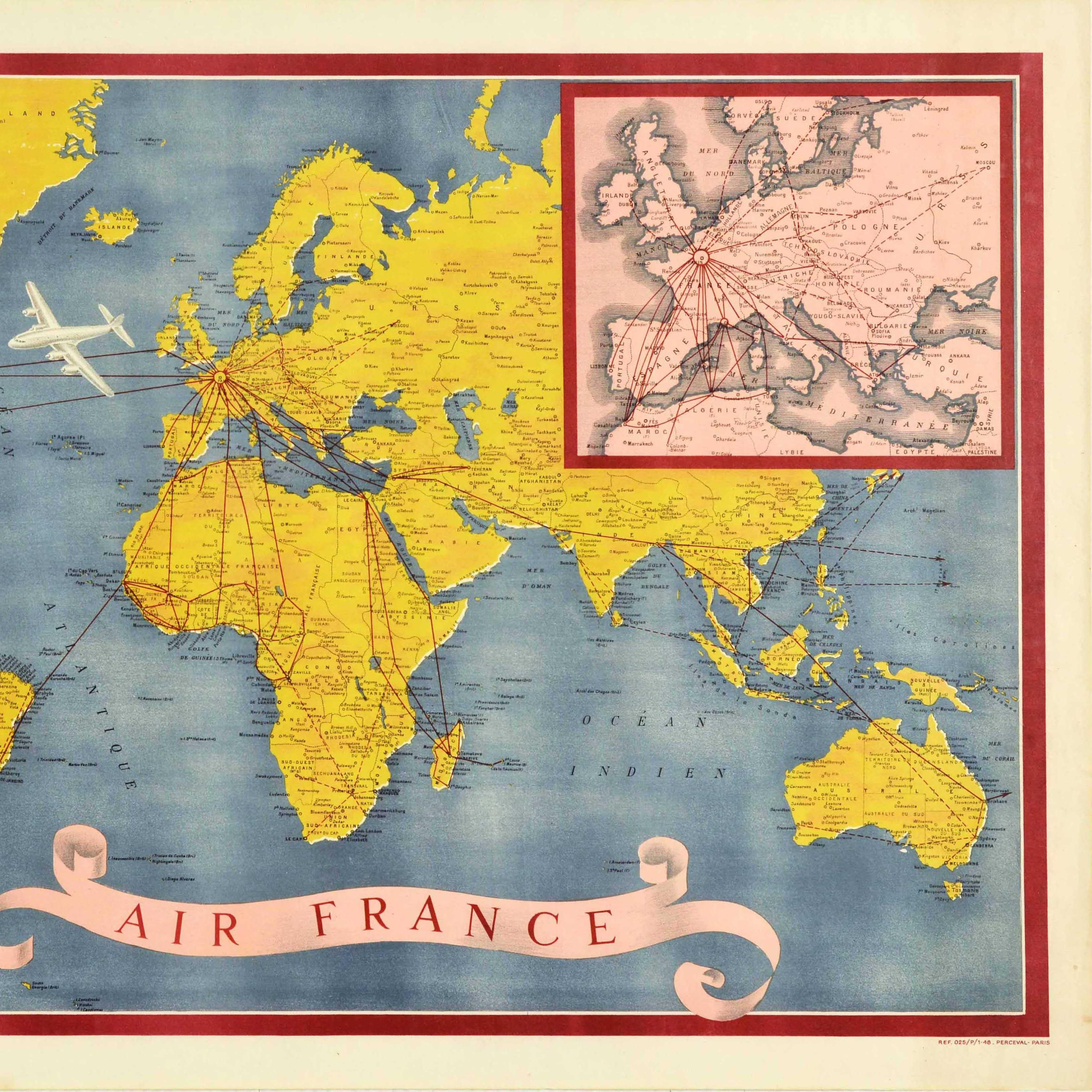 French Original Vintage Travel Poster Air France World Map Postal Network Reseau Aerian For Sale
