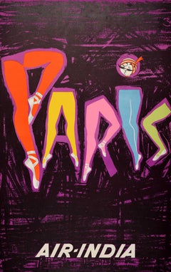 Original Vintage Travel Poster Air India Paris France Legs Maharaja Kooka Rao