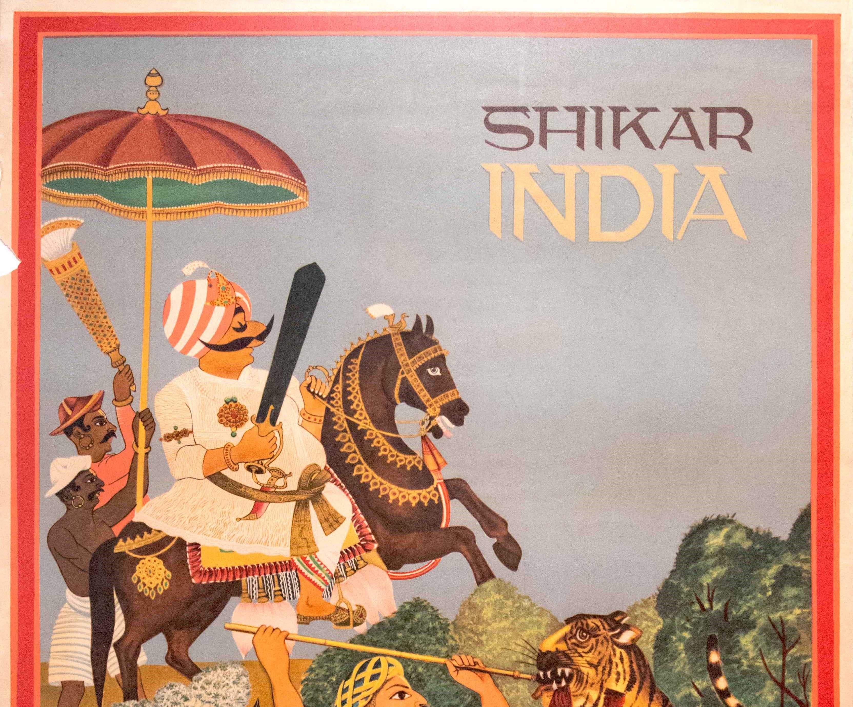 Original vintage Air-India travel poster titled Shikar India featuring a stunning illustration adapted from an old Indian painting depicting the Air India mascot - the Maharaja (created in 1946 by Bobby Kooka and Umesh Rao) - riding a horse with a