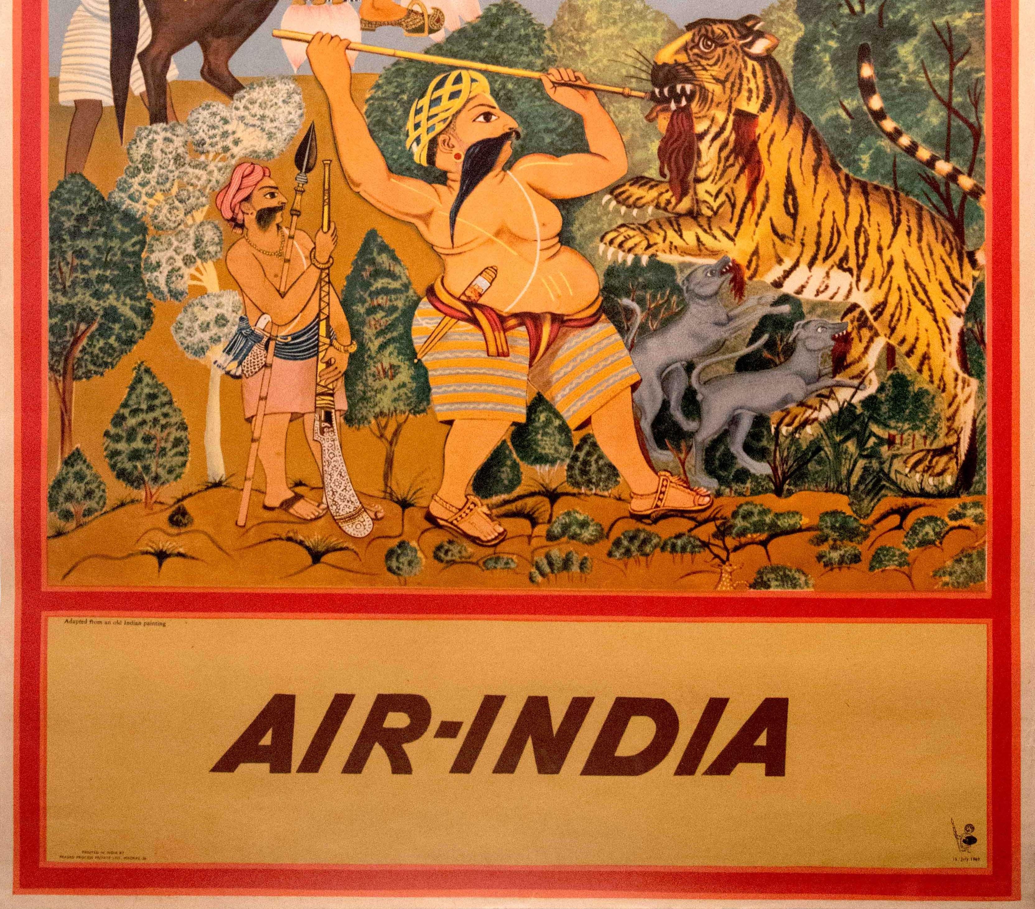 Indiano Poster di viaggio originale d'epoca Air India Shikar Hunting Maharaja Horse Design in vendita