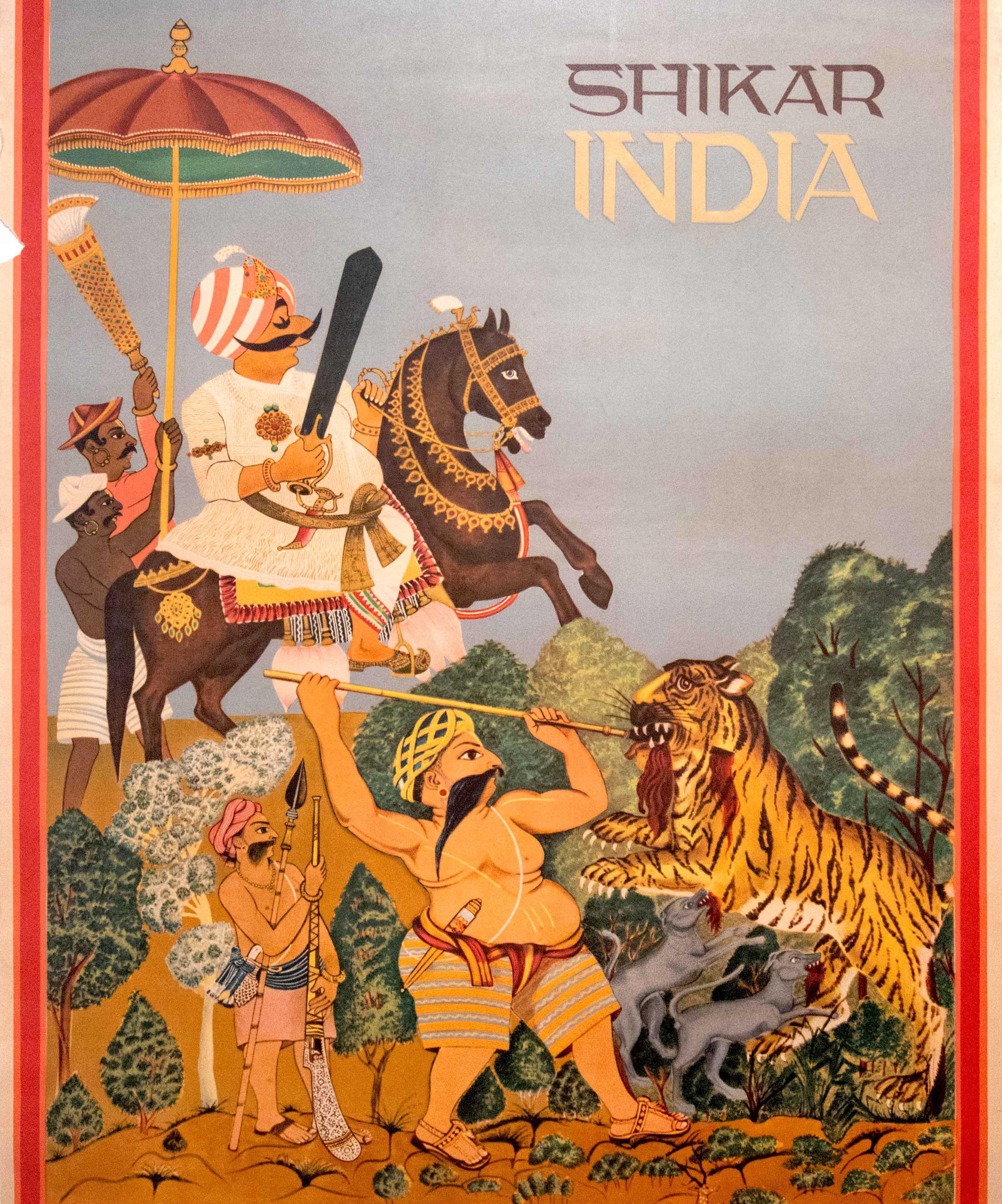 Original Vintage-Reiseplakat Air India Shikar, Jagd auf Maharaja-Pferd, Design im Zustand „Gut“ im Angebot in London, GB