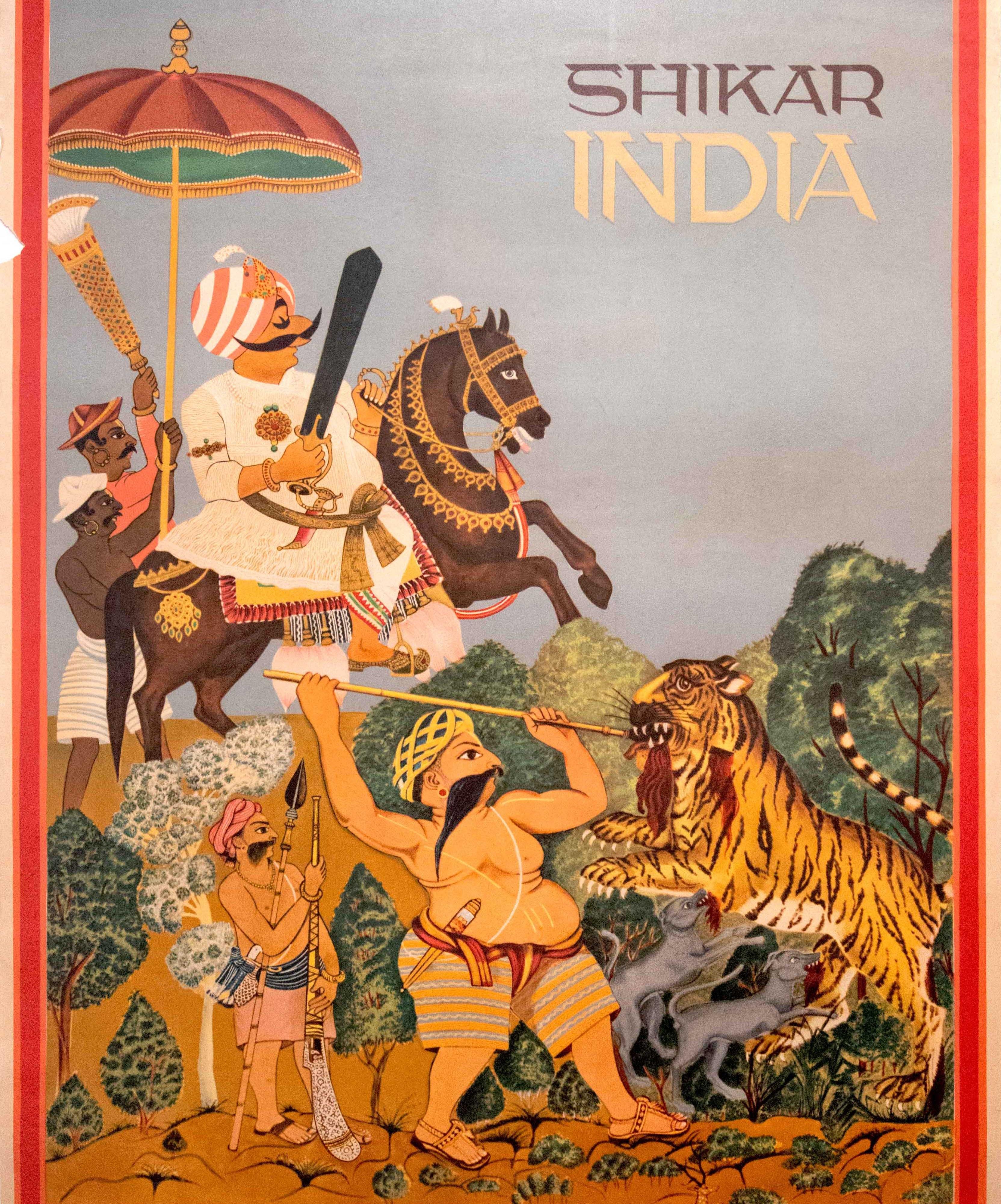 Poster di viaggio originale d'epoca Air India Shikar Hunting Maharaja Horse Design In condizioni buone in vendita a London, GB