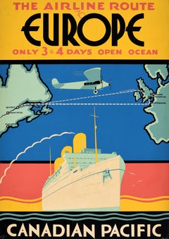 Original Vintage Travel Poster Airline Route Europe Canadian Pacific Cruise Ship