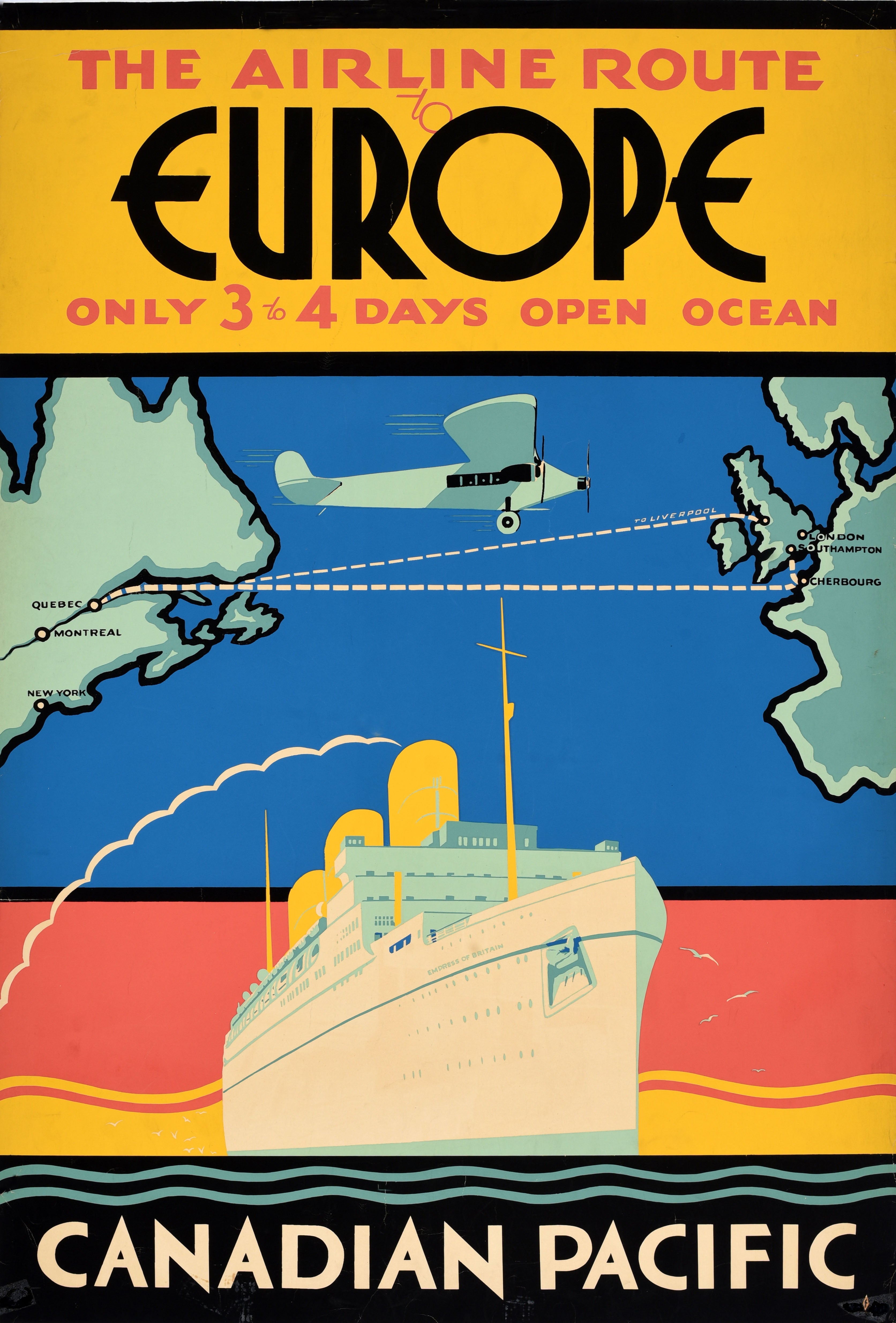 Póster de viaje vintage original Ruta aérea Europa Canadian Pacific Barco de crucero