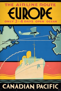 Original Vintage Travel Poster Airline Route Europe Canadian Pacific Cruise Ship