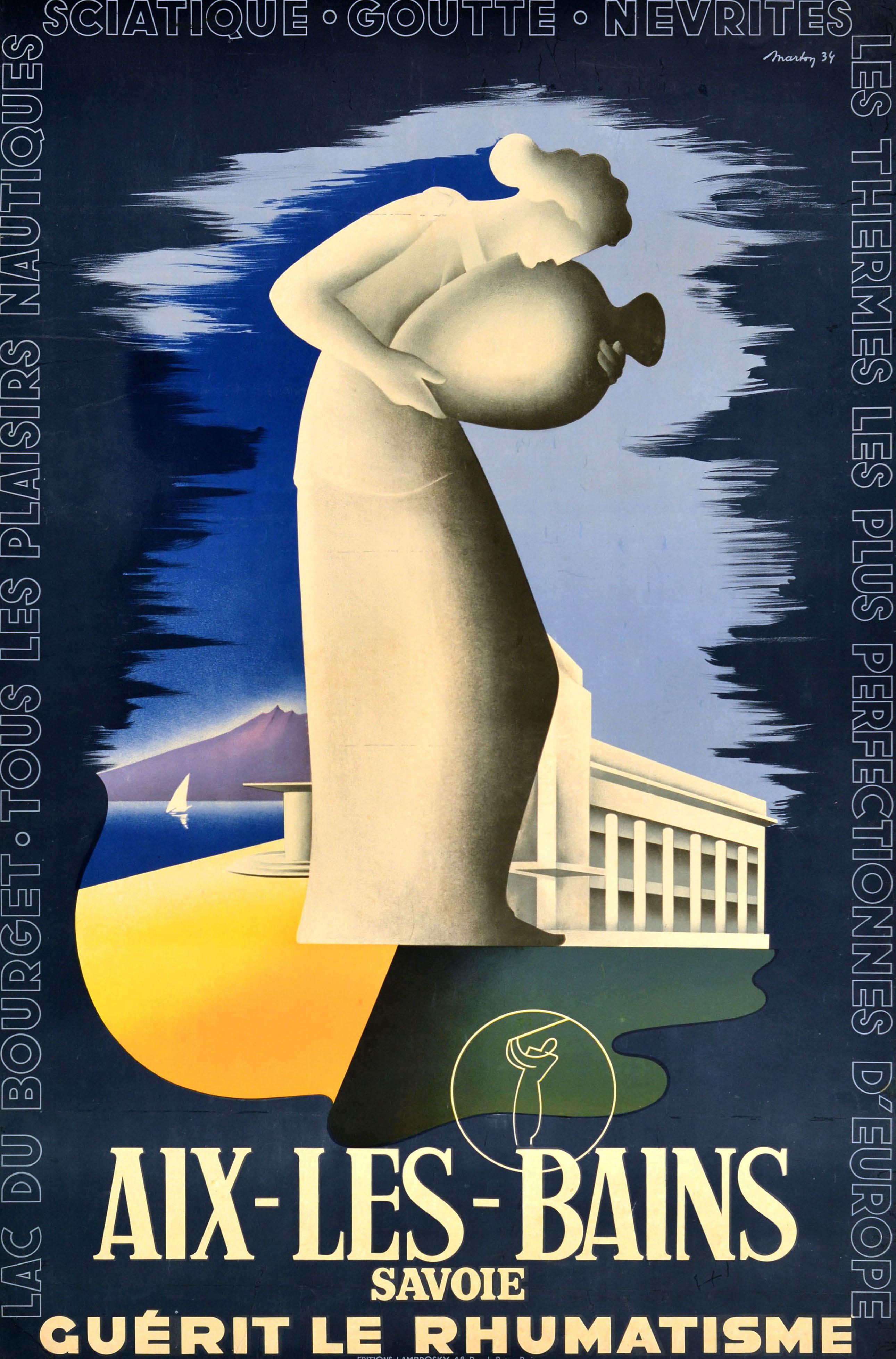Poster di viaggio originale d'epoca per Aix Les Bains Savoie - Guerit Le Rhumatisme / Heal's - con uno splendido design grafico che raffigura un'immagine stilizzata di una donna che rovescia un vaso d'acqua con una vista di una barca a vela in mare