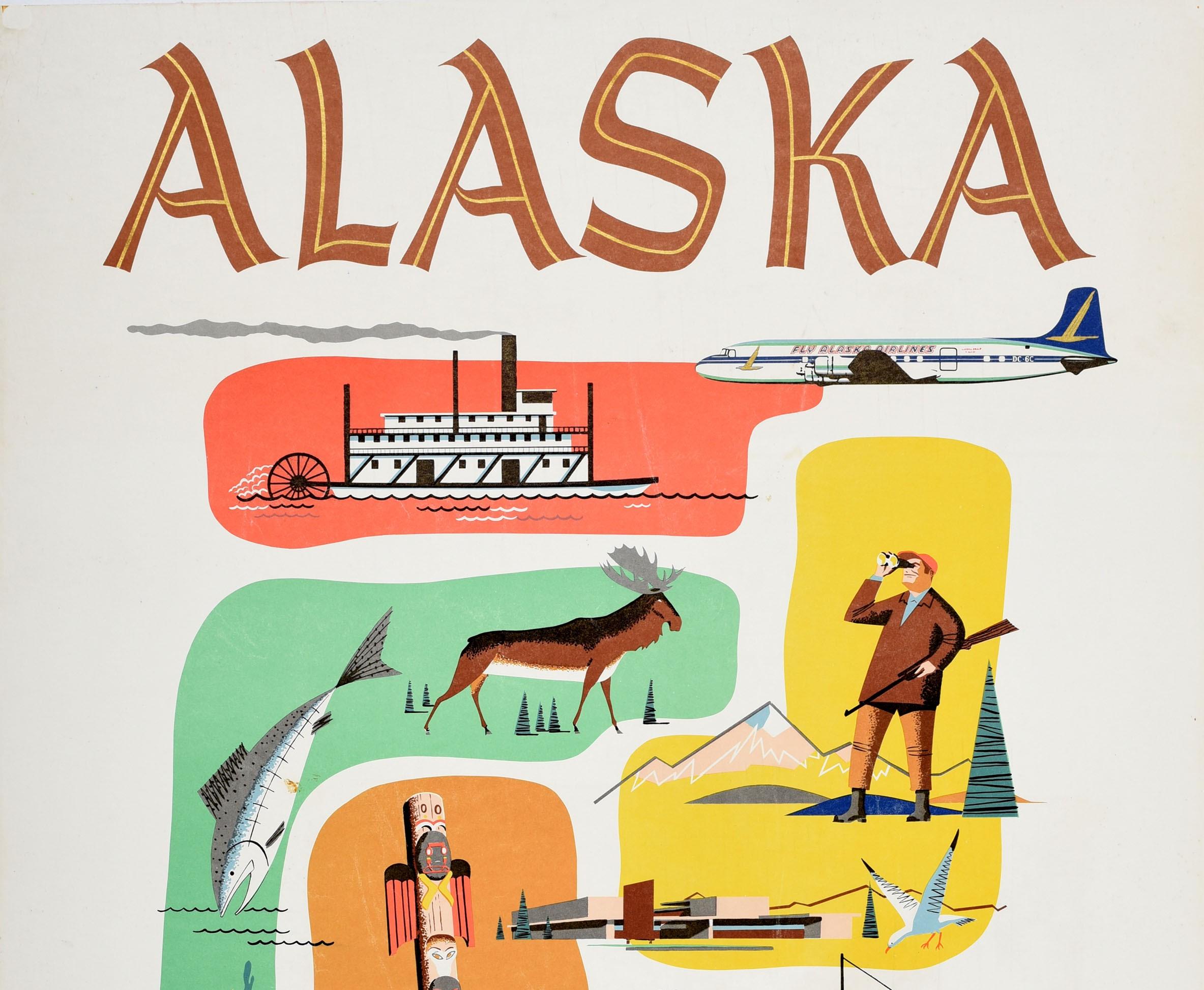 Original vintage travel poster for Alaska The first. The finest. Alaska Airlines Golden Nugget Service featuring a jet plane flying over illustrations on colourful backgrounds including an old style paddle steamship, a moose next to trees and a fish