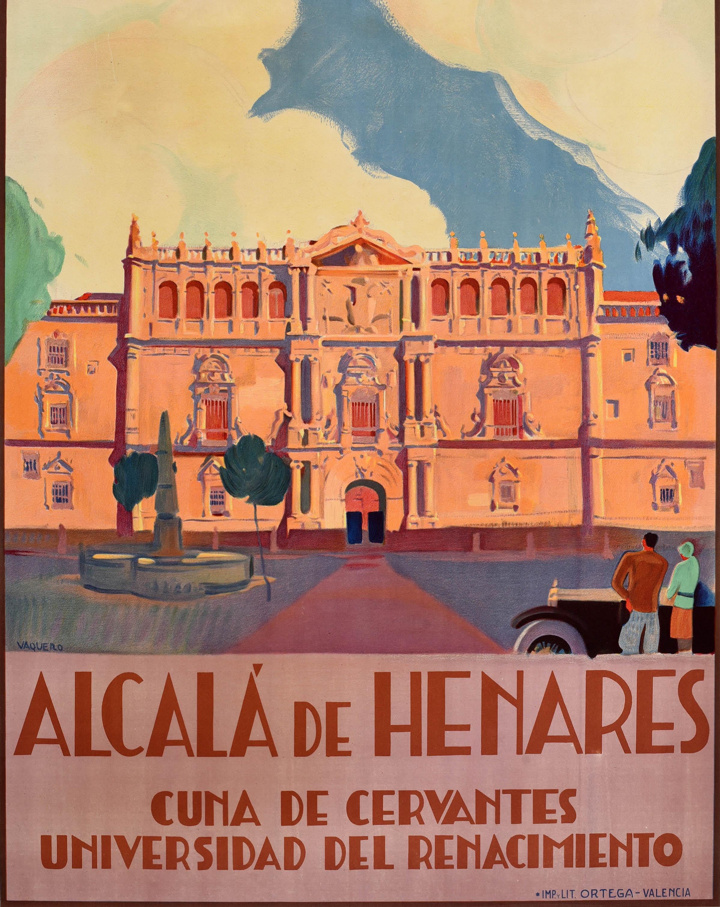 Mid-20th Century Original Vintage Travel Poster Alcala University Madrid Spain PNT Art Deco  For Sale