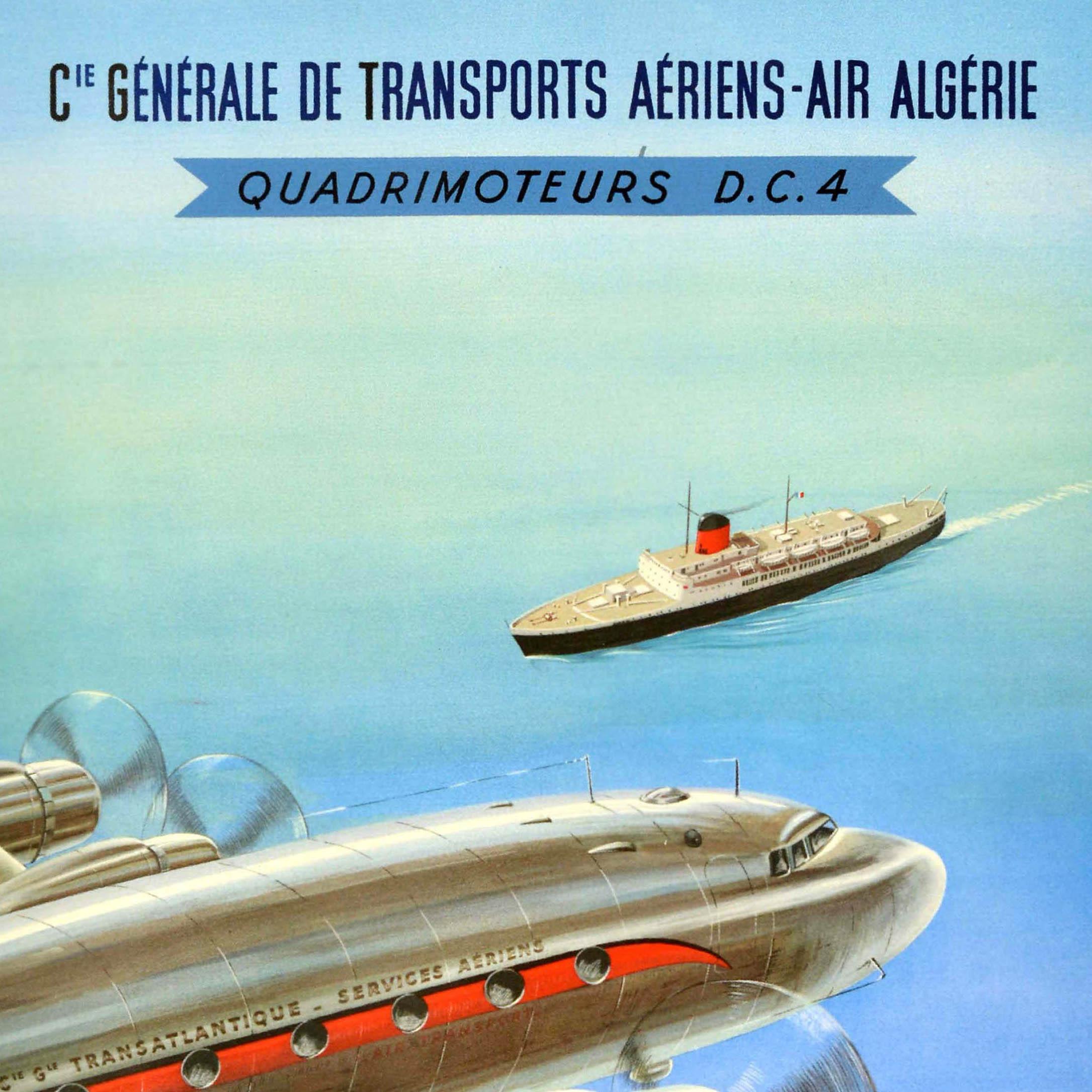 French Original Vintage Travel Poster Alger Oran Air Algerian Airways Douglas DC-4 For Sale
