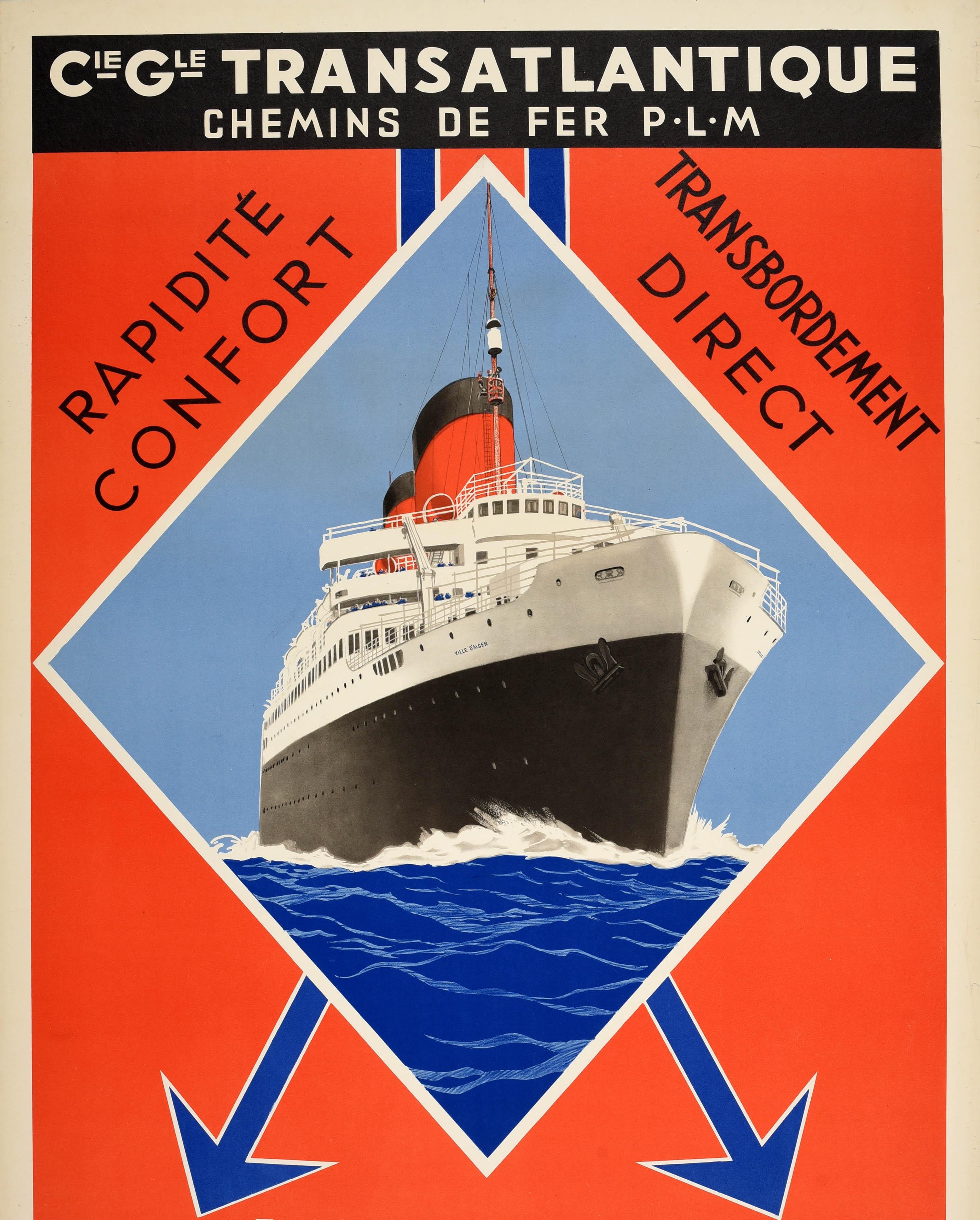 French Original Vintage Travel Poster Algeria Tunisia Cie Gle Transatlantique PLM Art For Sale