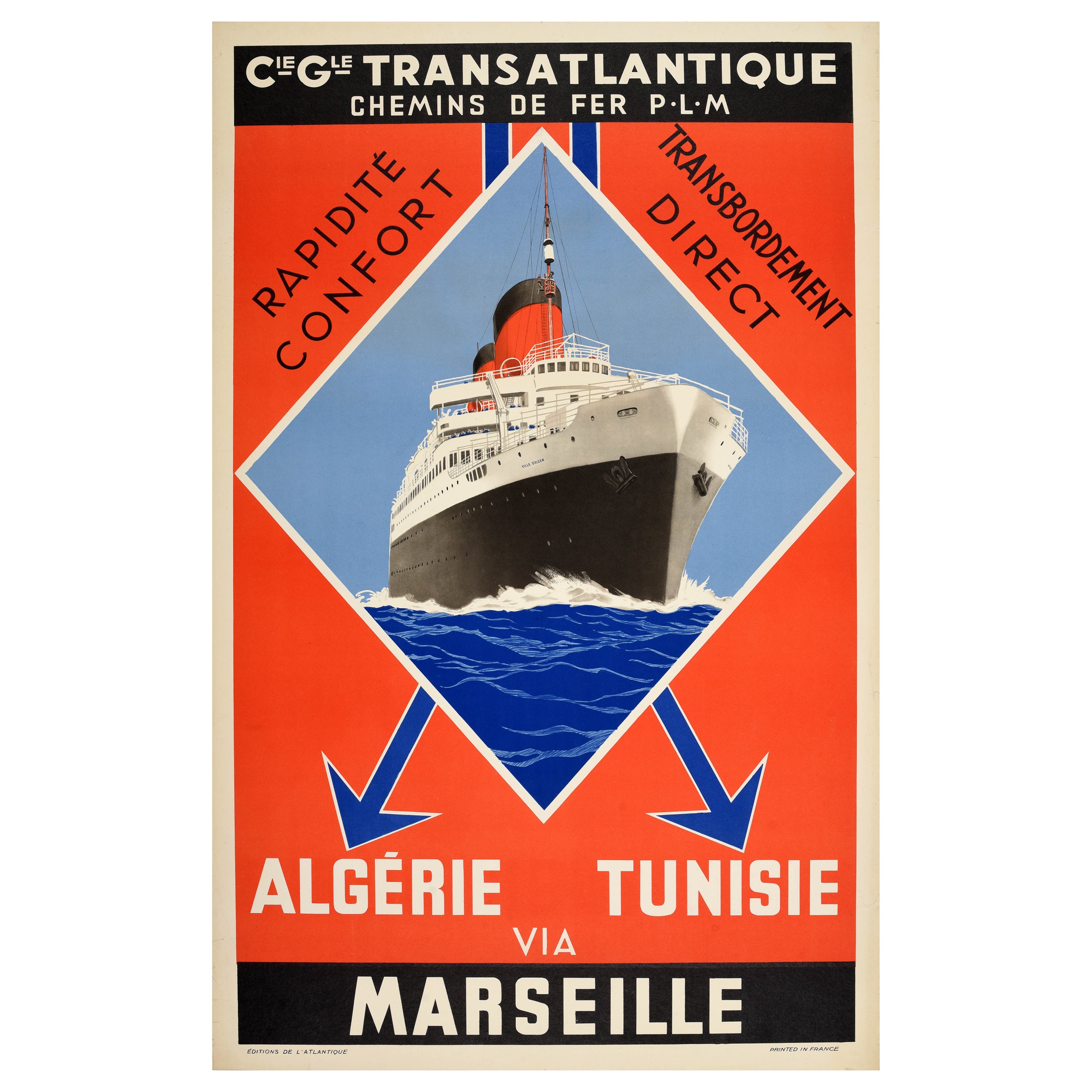 Original-Vintage-Reiseplakat Algerien Tunesien Cie Gle Transatlantique PLM Kunst