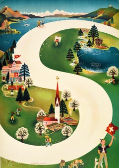 Cartel de viaje original de época Todos los caminos llevan a Suiza Herbert Leupin