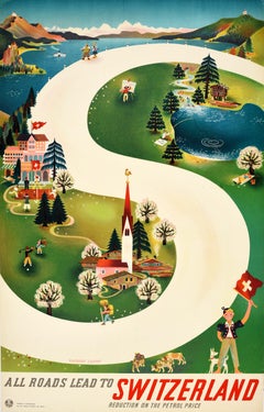 Cartel de viaje original de época Todos los caminos llevan a Suiza Herbert Leupin
